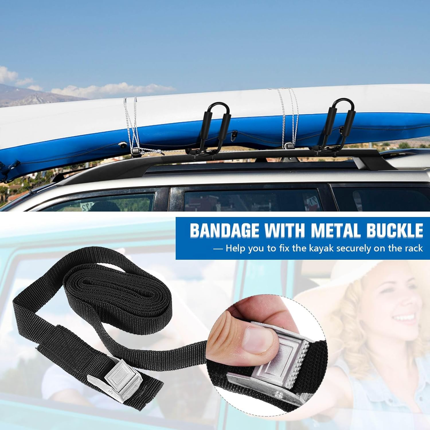 Costway Set of 4 U-Bar Kayak Racks with Bandage, Kayak Roof Rack with Easy Installation, Car Roof Rack for Kayaks, Surfboards, Black image number 5