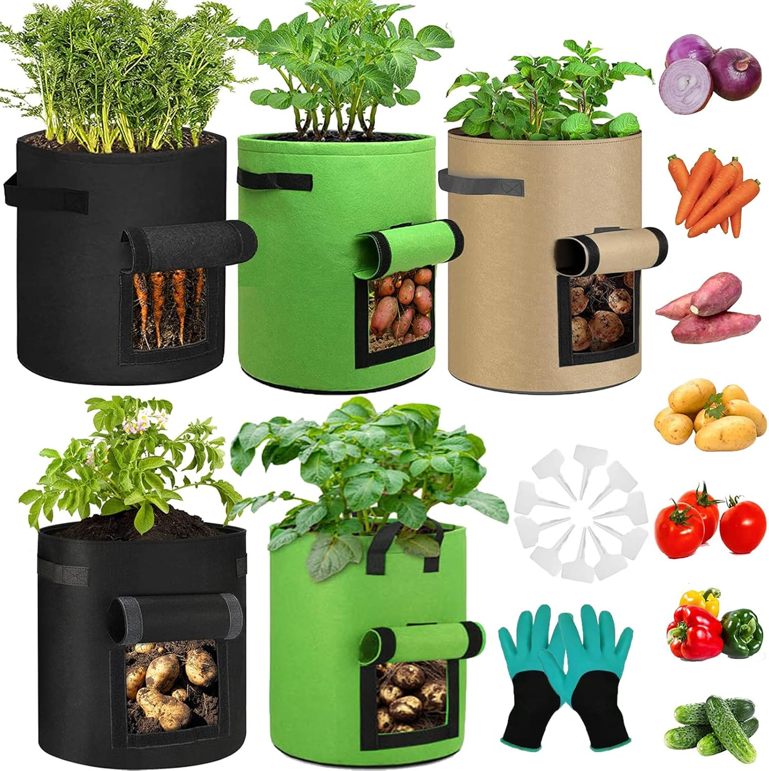 5Pack 10 Gallon Potato Growing Bags,Garden Grow Bag with Viewing Window and Handle,Heavy Duty Planting Pots Felt Plant Garden Containers with Plant Tags and Gloves for Tomato Vegetables image number 4