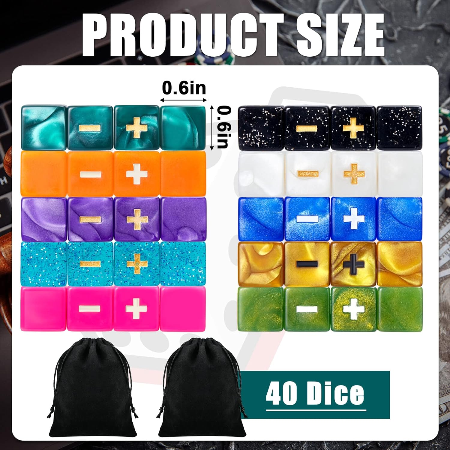 Sumind 40 Pcs Fudge Dice with 2 Black Velvet Bags plus minus Dice Multicolored Acrylic Dice Toys with Plus, Minus, and Blank Sides for Kids Classroom Teacher Teaching Games Props, 10 Colors image number 3