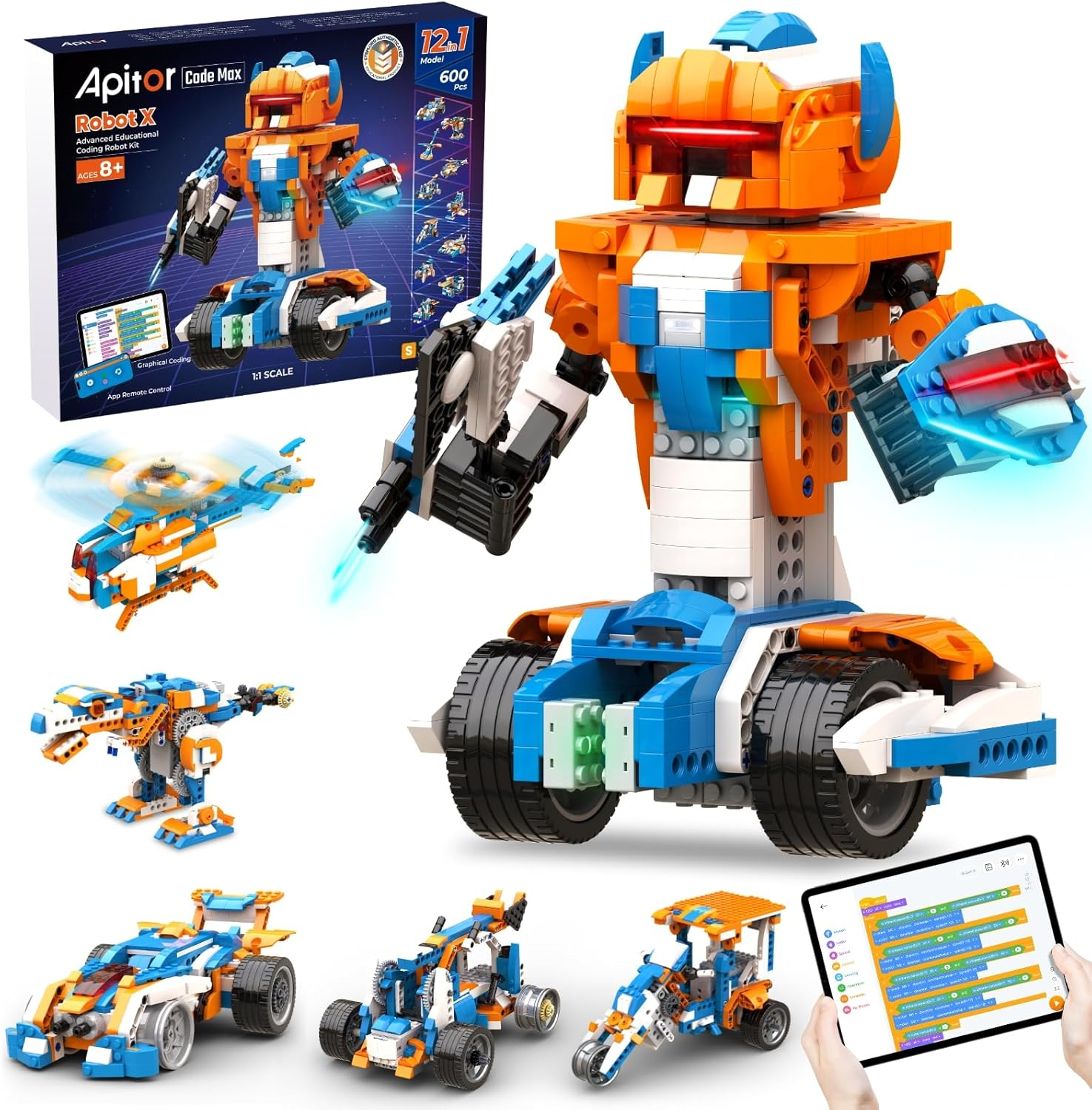 Robot X, STEM Robot Toys for Kids 8-12, 12-In-1 App-Enabled Educational Coding Toy, Remote Control Dinosaur Robot Programmable Building Kit (600 Pieces)