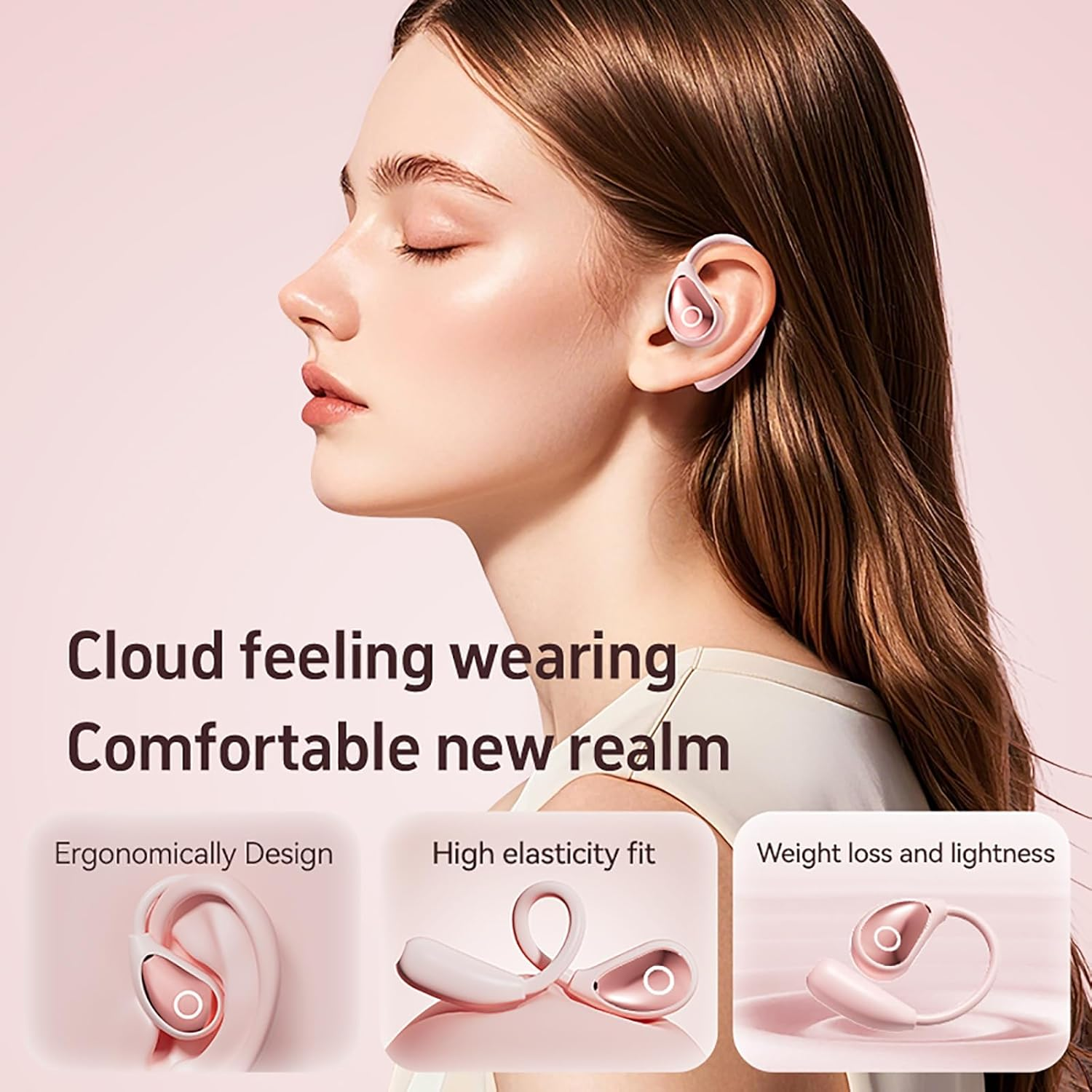Open Ear Earbuds Wireless Bluetooth 5.4 Headphones with Microphone, Earphone with Earhooks, ENC Noise-Cancellation, 60H Playtime, Long-Lasting Comfort, Crystal-Clear Calls for Driving/Gym (Pink)