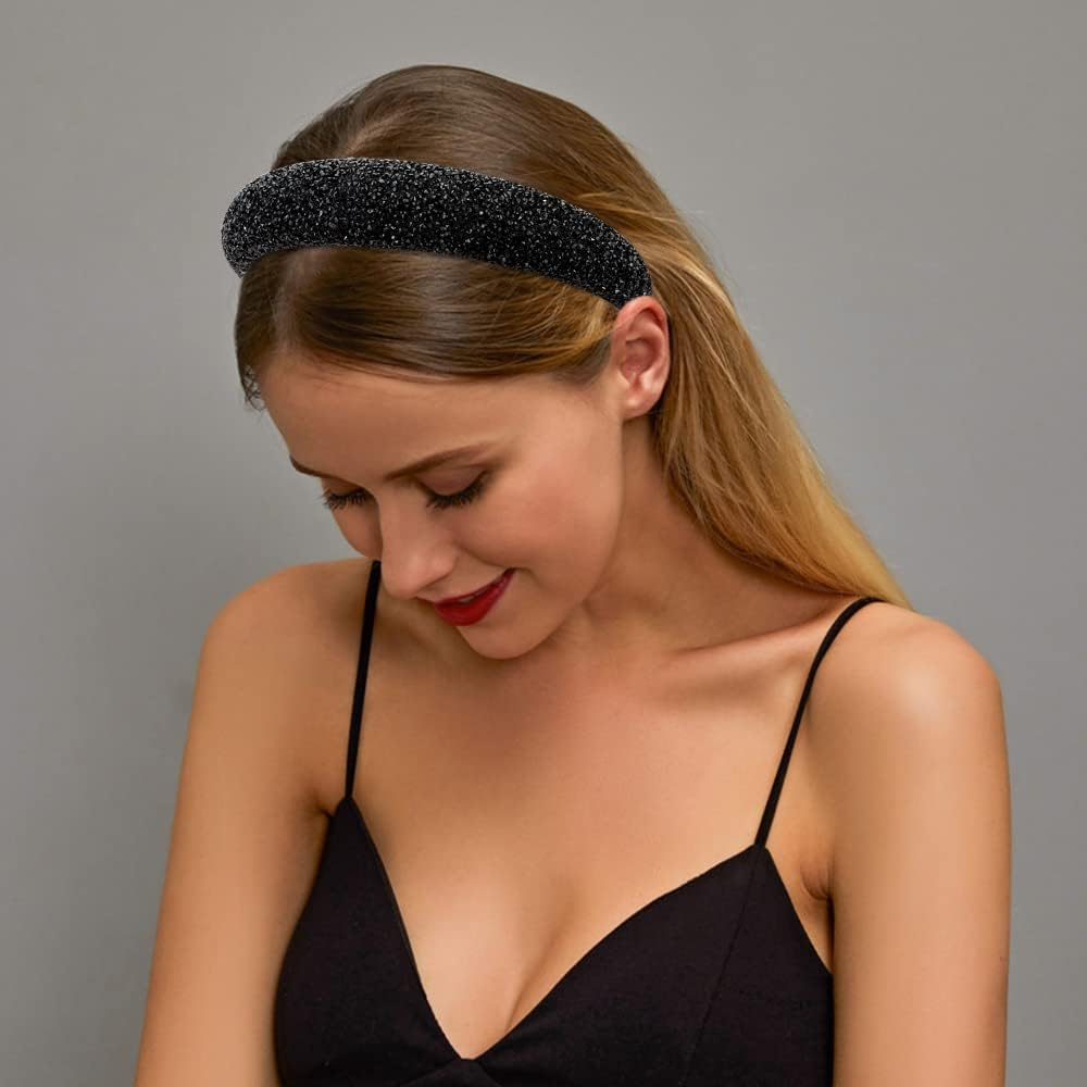 Black Rhinestone Padded Sequin Diamond Glitter Sparkle Jeweled Bling Headbands for Women'S Hair - Black image number 3
