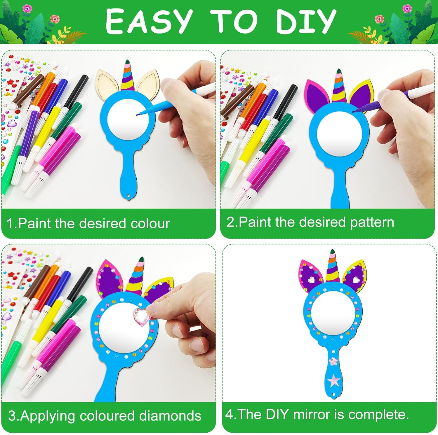 Unicorn Crafts, 27 Pieces DIY Wooden Mirror Craft, Mini Wooden Unicorn Mirror, Wooden Unicorn Mirror, Craft Set Children'S Birthday Unicorn, Wooden Mirror for Painting for DIY Children Painting, Children'S Gift Party