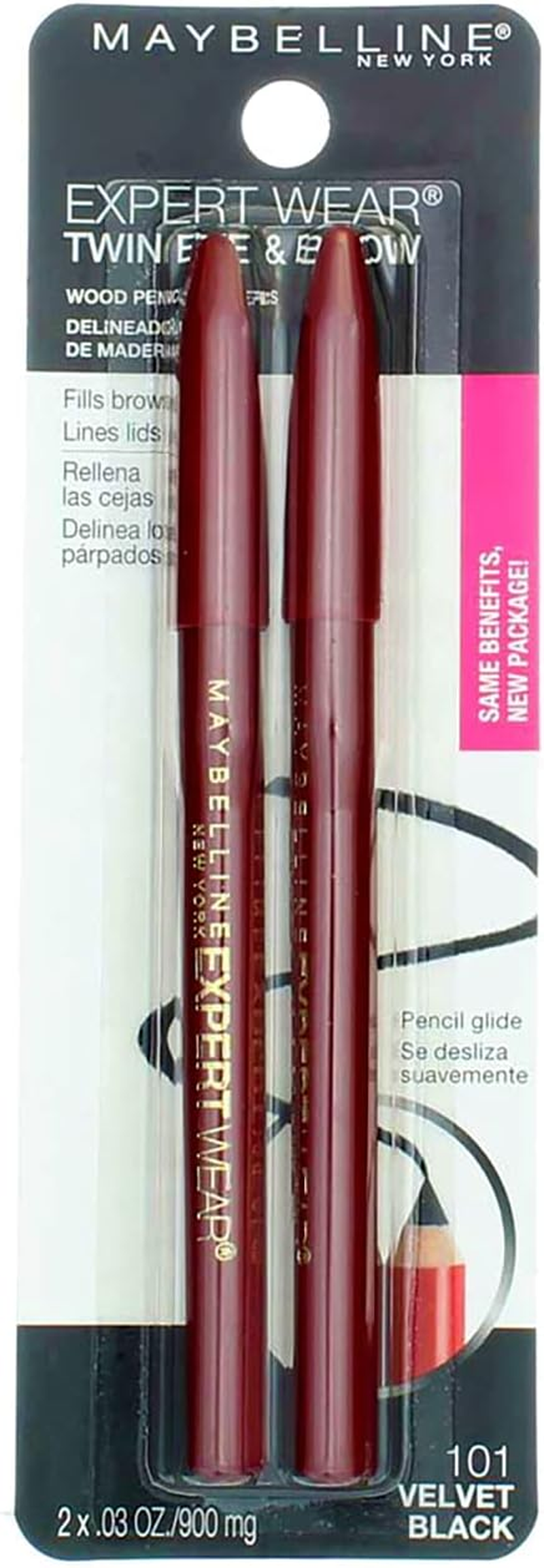 Maybelline New York Expert Wear Twin Brow and Eye Pencils, 101 Velvet Black, 0.03 Ounce (Pack of 2)