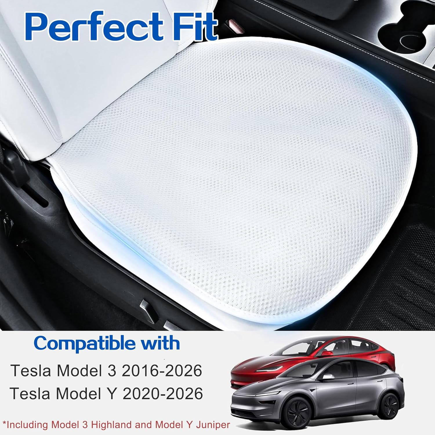 Car Seat Covers Sets for Tesla Model Y Juniper/Model 3 Highland, Ice Silk Front Bottom Seat Protectors Back Cushion, Anti-Slip Breathable Cooling Pad for Model Y/3 Accessories 2017-2026 (White) image number 1