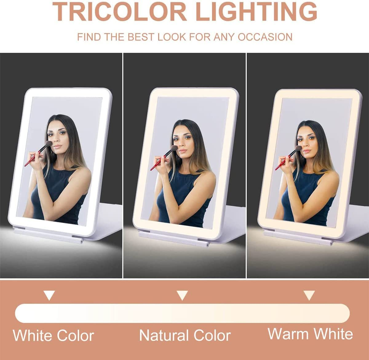 Travel Makeup Mirror, Folding Lighted Makeup Mirror with 80 LED Lights, Adjustable 3-Color Touch Screen Vanity Mirror, USB Rechargeable Portable Cosmetic Mirror for Travel Outing image number 5