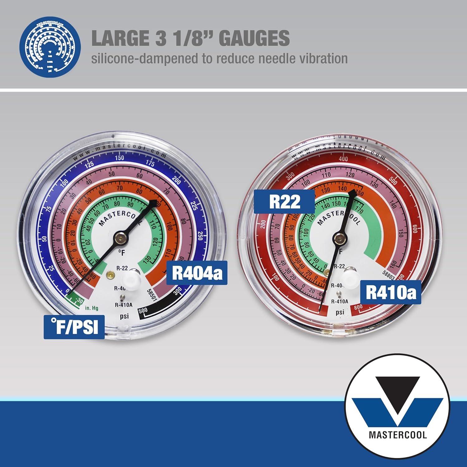 Mastercool 59161 2-Way Heavy Duty Brass Manifold Gauge Set with 3 1/8" Silicone Dampened Gauges and 1/4" SAE Fittings for R410A, R22, R404A - U.S. Assembled & Tested with 60" Hoses image number 1
