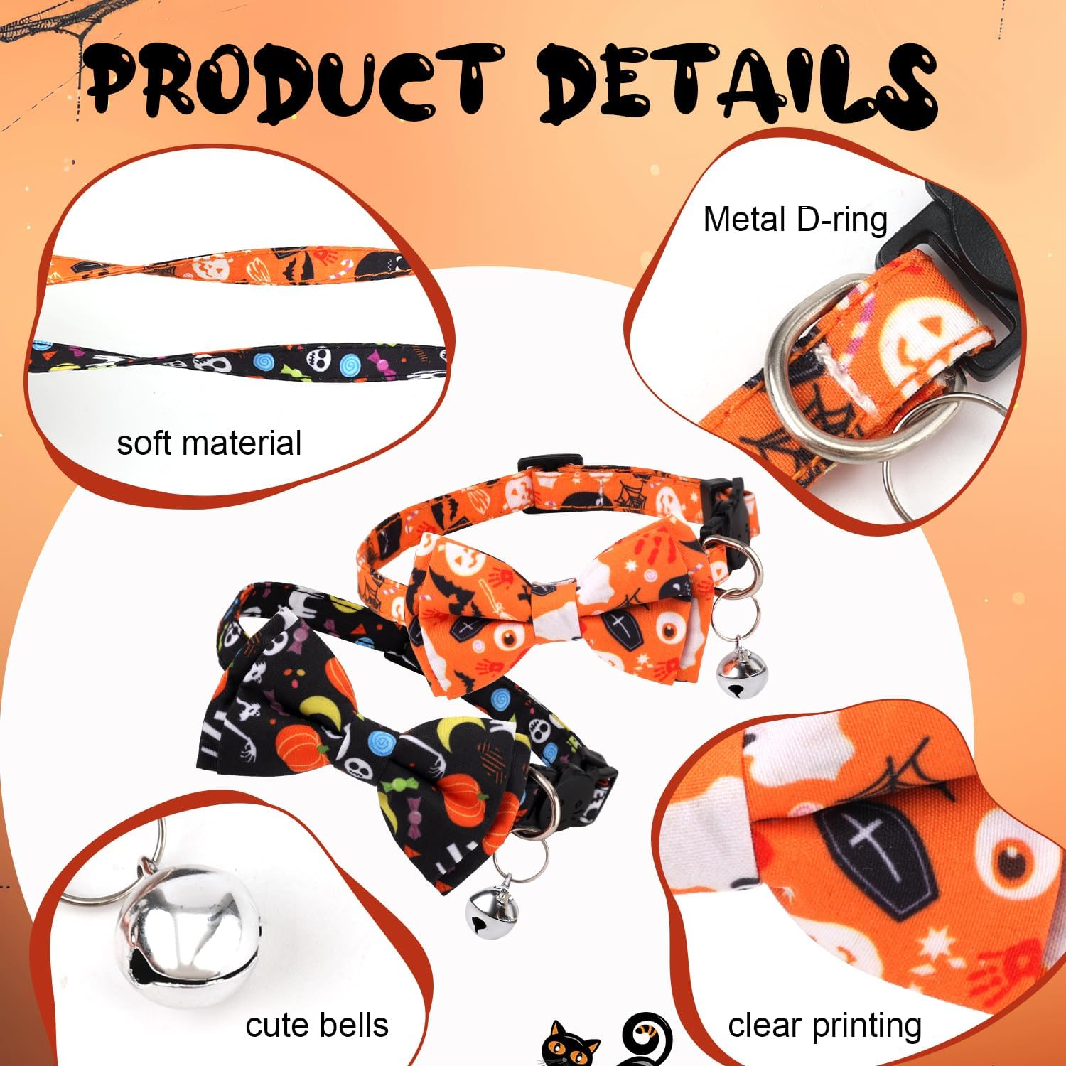 2 Halloween Cat Collars, Adjustable Cotton Fabric Cat Collar with Bell Soft and Comfortable Cats with Bow (Black+Skull, Orange+Pumpkin) image number 5