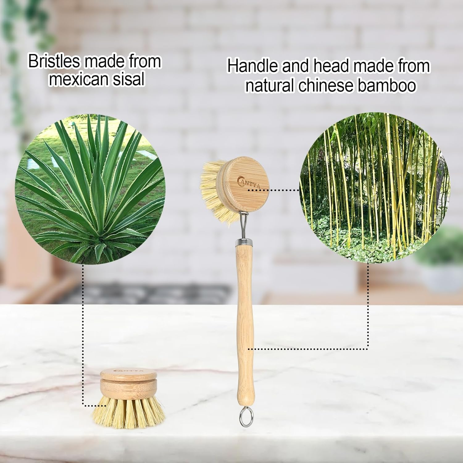 Bamboo Dish Brush with Handle 4 Replacement Heads, Eco-Friendly Soft Sisal Dish Scrubber Bamboo Wok Brush for Cleaning Kitchen Utensils
