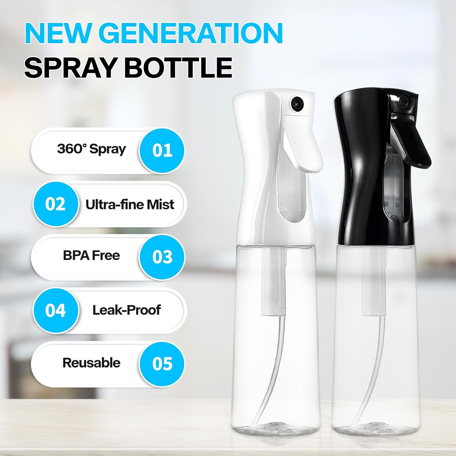 Continuous Spray Bottle for Hair - 2 Pack 200Ml/6.8Oz Empty Ultra Fine Mister Spray Bottles | Plastic Water Mist Sprayer for Hair Styling, Cleaning, Plants, Salons, Misting & Skin Care (White + Black)