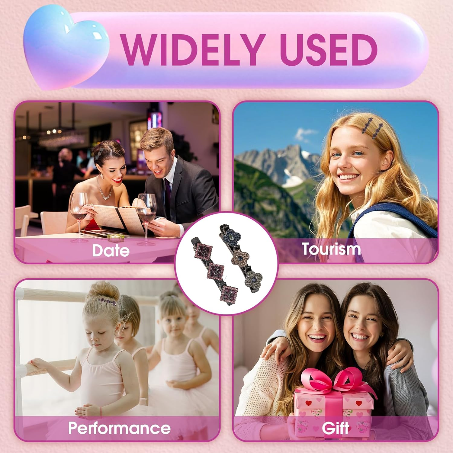 Pack of 6 Braided Hair Clips, Crystal Flowers Sparkling Double Layer Hair Clips Robust Stylish Hair Accessories Duck Beak Hair Clips for Women Girls for Everyday Party Updo