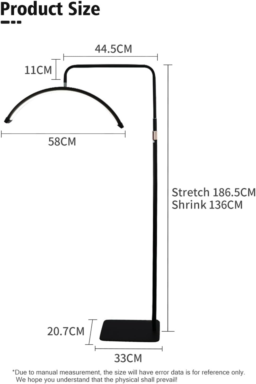 Beauty Half Moon Light Floor Fill Lamp LED Stand Lash Light Rotatable Height Adjustable 135-185Cm, Brightness Adjustable 3200K-5600K with Phone Holder 37.5X44.5X185Cm Black image number 1