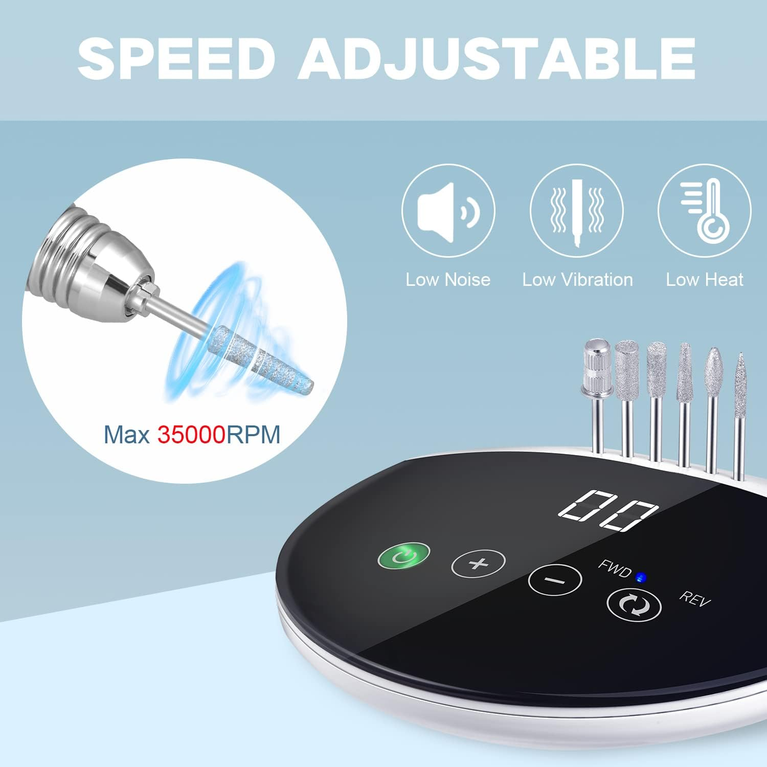 ENGERWALL Electric Nail Drill 35000 RPM, Professional Low Noise Low Vibration Low Heat Electric Nail Files with Touch Buttons, Nail Drill for Acrylic Nails and Gel Nails, for Salon and DIY Use image number 2