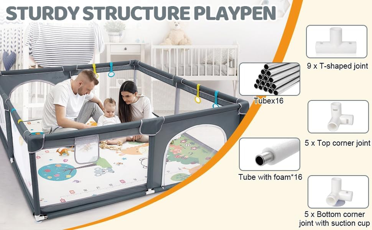 Large Baby Playpen with Mat - 200 X 180 Cm Baby Play Yard for Toddler Indoor & Outdoor Kids Activity Center, Sturdy Safety Play Yard with Soft Breathable Mesh