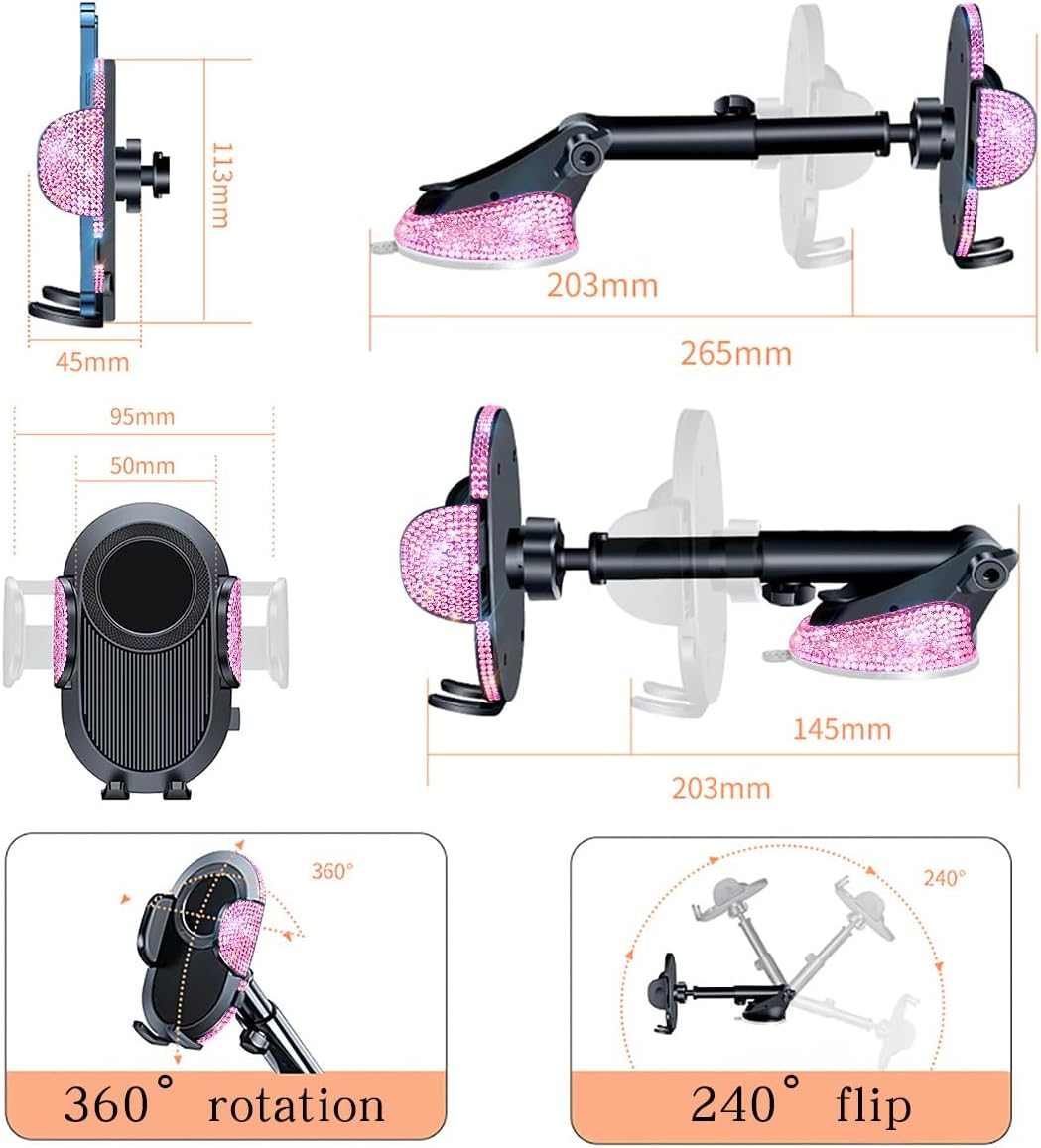 Bling Phone Holders for Car Women[Powerful Suction] [Rally Racing-Grade Stability] Sparkle Car Phone Holder Mount Dashboard Windshield Vent for Iphone All Phones (Pink Rhinestone) - Black image number 5