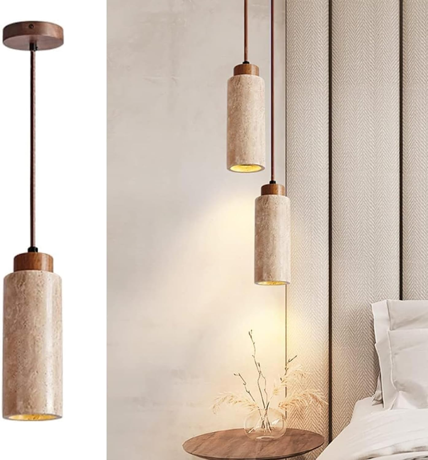 Pendant Light, Japanese Style Natural Travertine Pendant Lamp for Dining Room, Kitchen Island, Living Room,Handcrafted Natural Stone, Adjustable Drop for Different Ceiling Heights (Yellow,M)