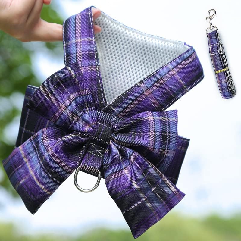 Dog Harness and Leash Set, Cute Bow Tie Plaid Harnesses for Puppy Cat, Adjustable Pet Kitties Vest, Breathable Harness Traction Rope for Small Animal (Purple, XS)