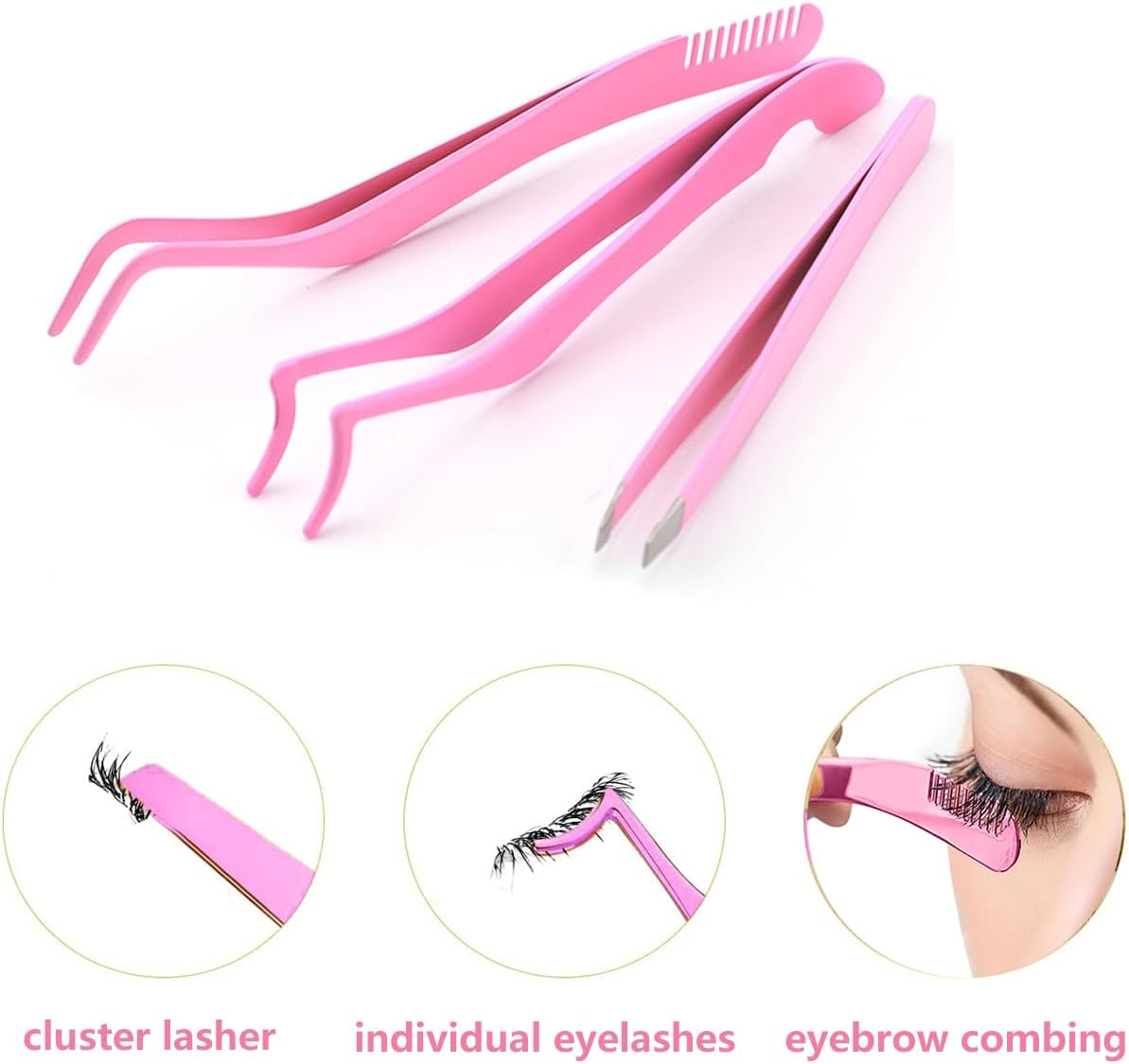 3 Pcs Eyelash Applicators Tools Stainless Steel Eyelash Clusters Tweezers for Eyelash Extension Lash Extension Tweezers for False Lashes Application and Removal (Pink) image number 1