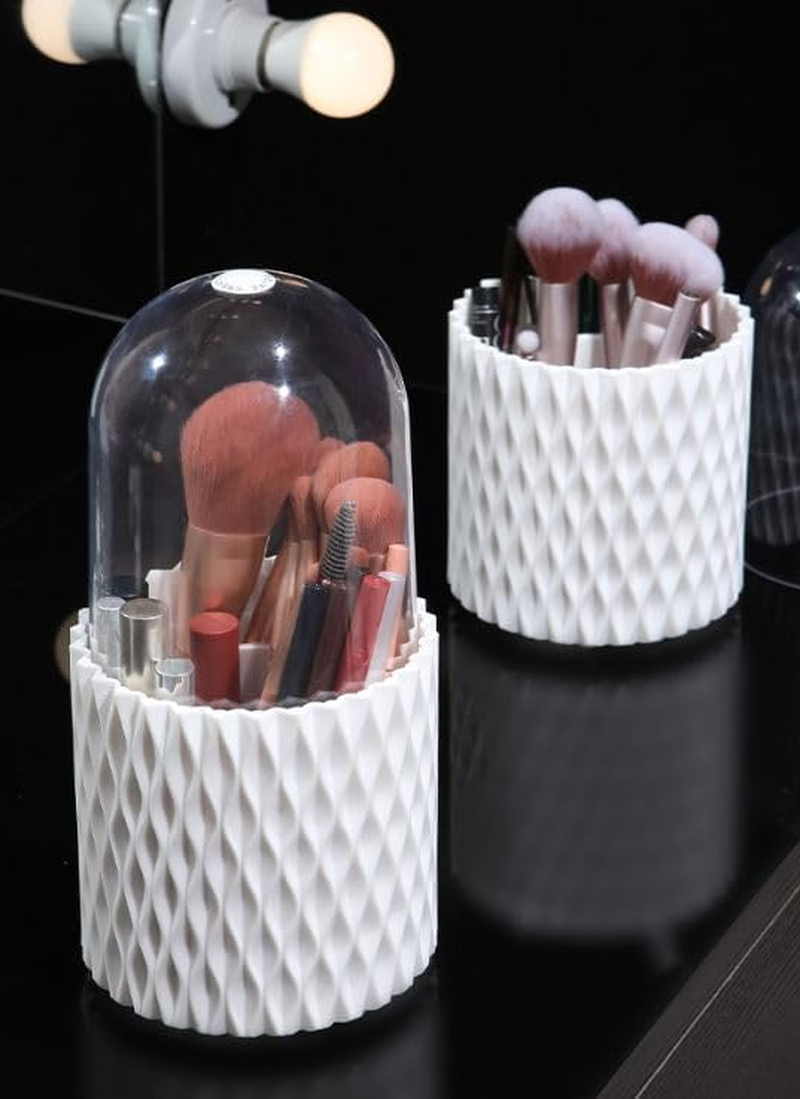 SYGELER 360 &deg; Rotating Makeup Brush Storage Rack - Large Capacity 5-Slot with Dust Cover, Suitable for Dressing Table/Bathroom/Countertop, White Stylish Design image number 4