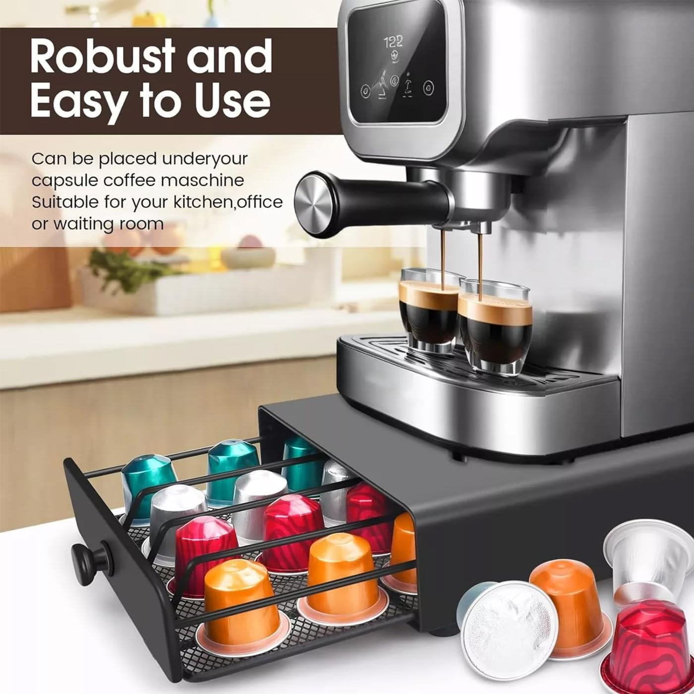 Coffee Pod Capsule Drawer Countertop Organizer Compatible for Nespresso，Metal Coffee Pod Holder 40 Capsules Capacity for Office Kitchen Counter