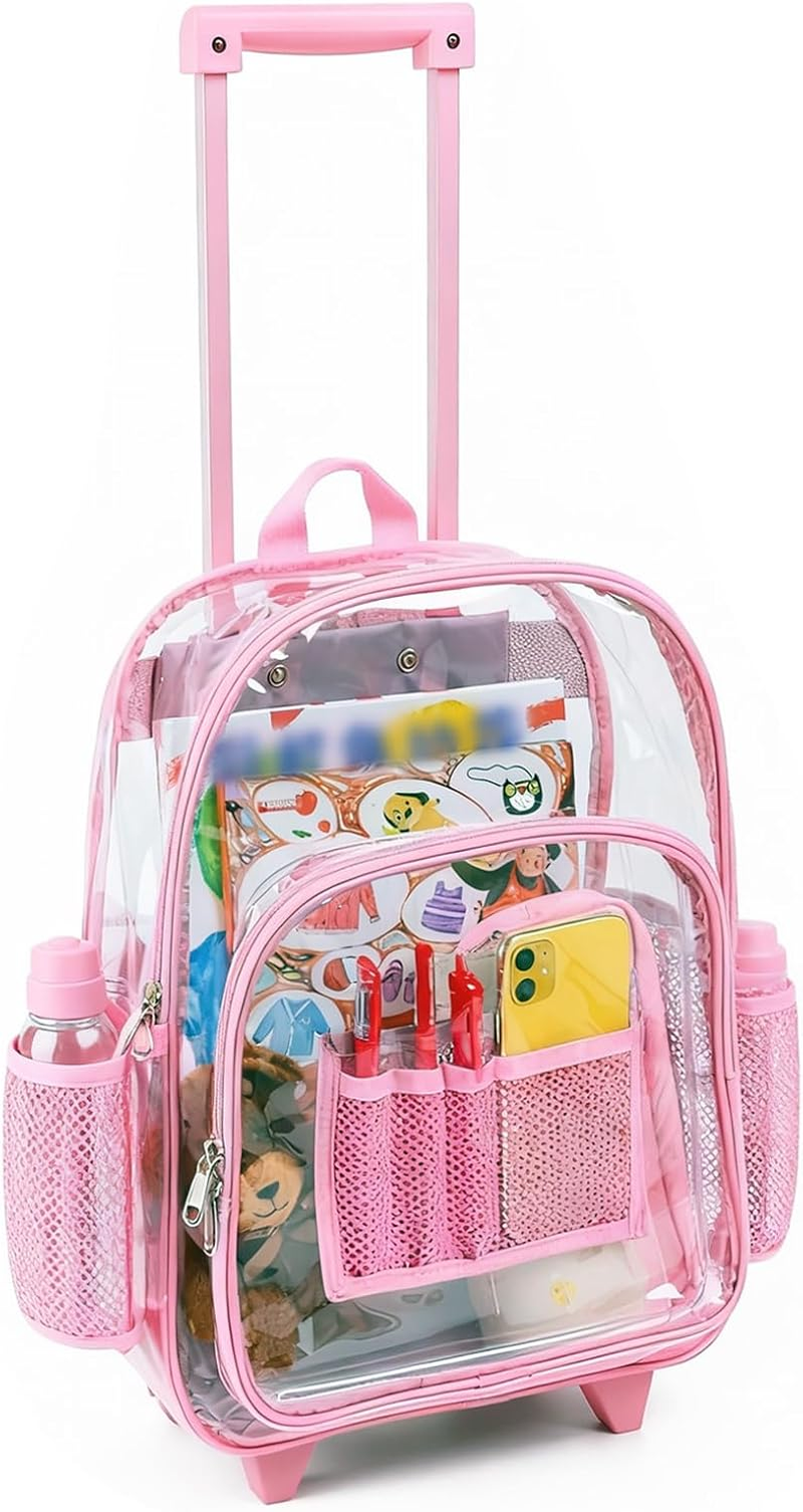 Rolling Clear Backpack, Heavy Duty Cold-Resistant Security Transparent PVC Backpack with Wheels (Black)