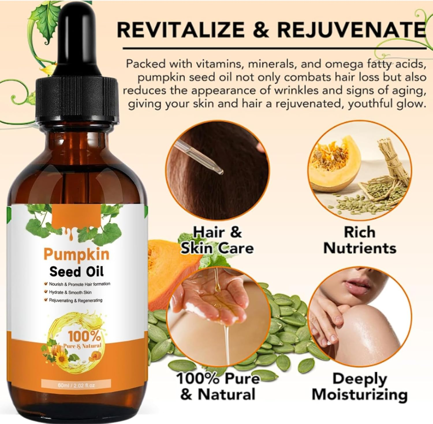 Pumpkin Seed Oil for Hair Growth & Skin Care, 100% Pure Organic Cold Pressed Pumpkin Seed Oil, Natural Moisturizing & Nourishing Hair Care Oil for Scalp, Face, Nails, and Body 60Ml (4Pcs) - 1Pcs image number 5