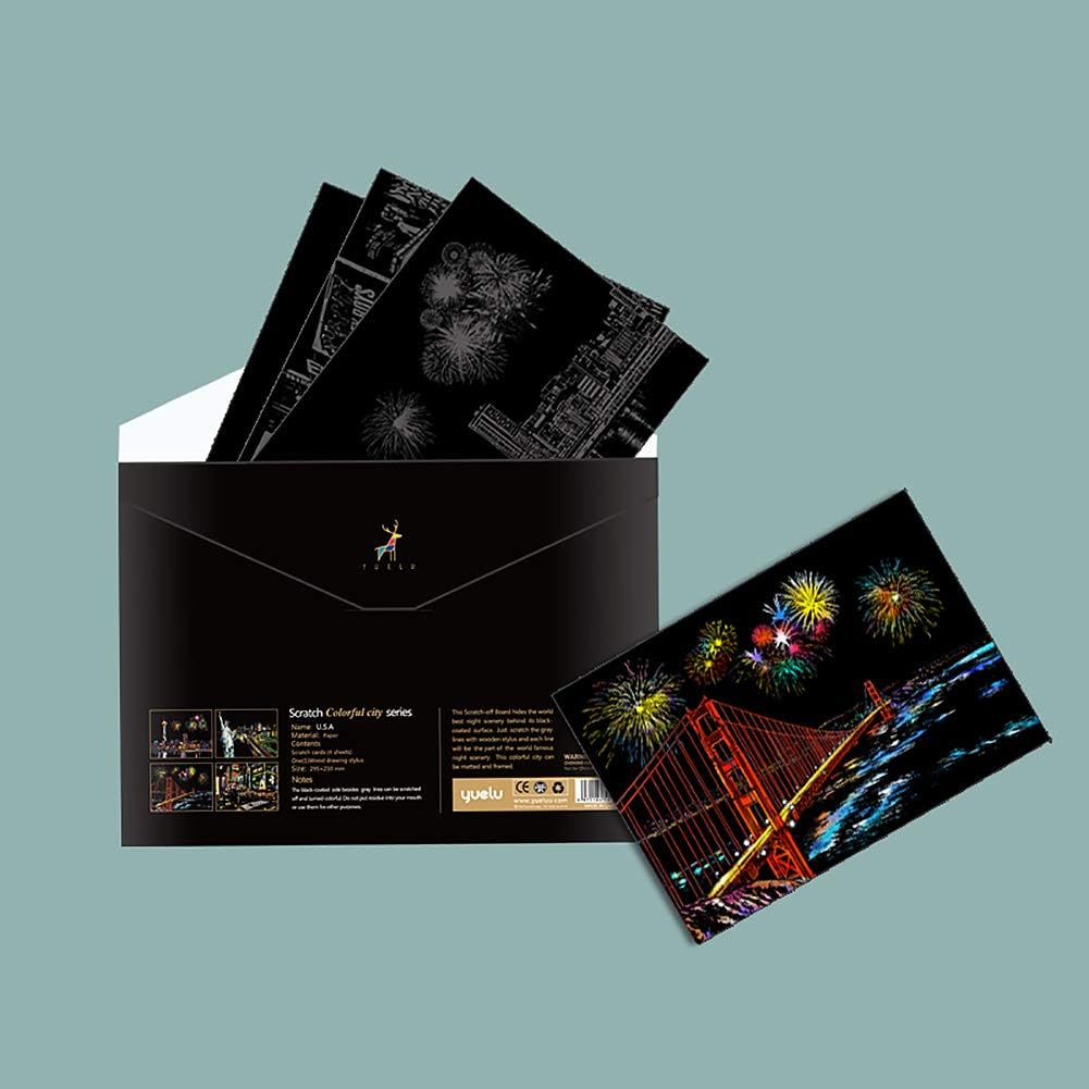 Scratch Art for Kids & Adults, Rainbow Engraving Painting Landscape Scratchboard(A4) Crafts Set: 8 Sheets with 4 Tools - New York, Statue of Liberty, Golden Gate Bridge, Manarola (America/Europe)