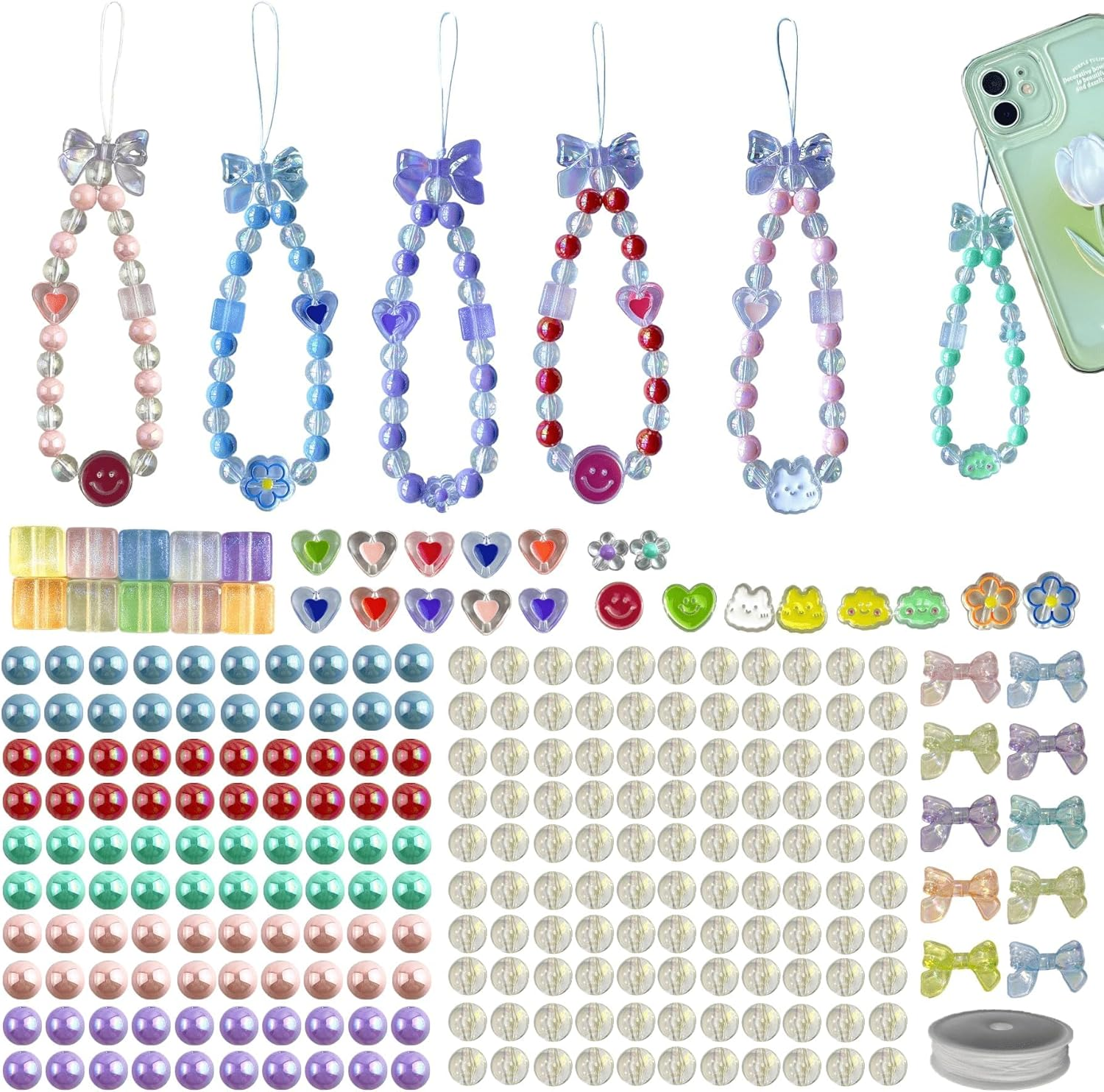 Beaded Mobile Phone Chains Charm Making Kit, Can Make 10 Pcs Cell Phone Wrist Straps, Assorted Crystal Diamond/Butterfliy/Metal/Round Beads for Girls DIY Handmade Gifts (C)