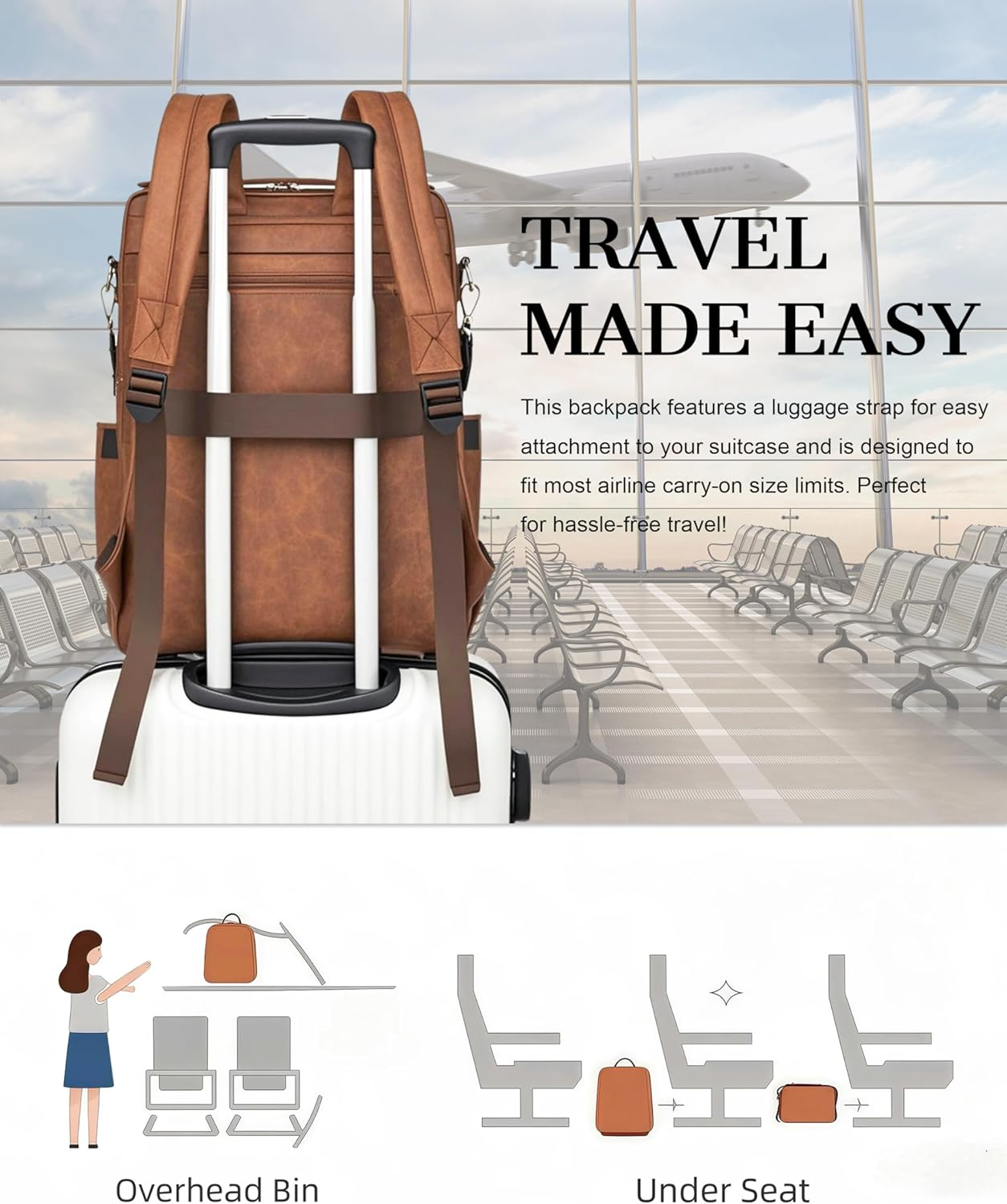 Dora & Liz Laptop Backpack for Women, Leather Travel Backpack with 15.6 Inch Laptop Compartment, College Work Computer Bag - Caramel image number 6