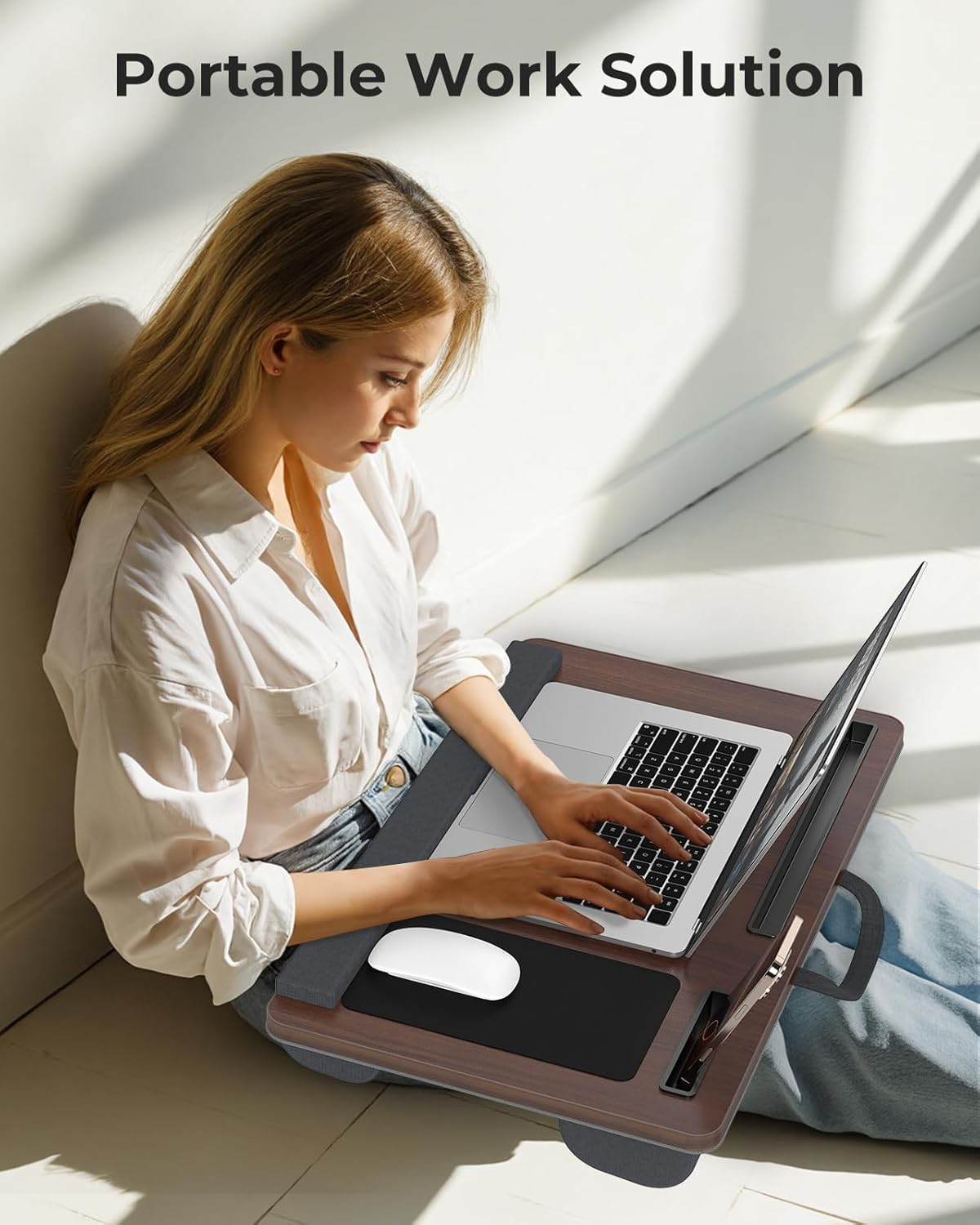 Laptop Lap Desk, Bed Laptop Desk Holds up to 17 Inches, with Wrist Pad, Mouse Pad, Tablet Phone Slot, Convenient Handle Cushion Lap Tray. image number 6