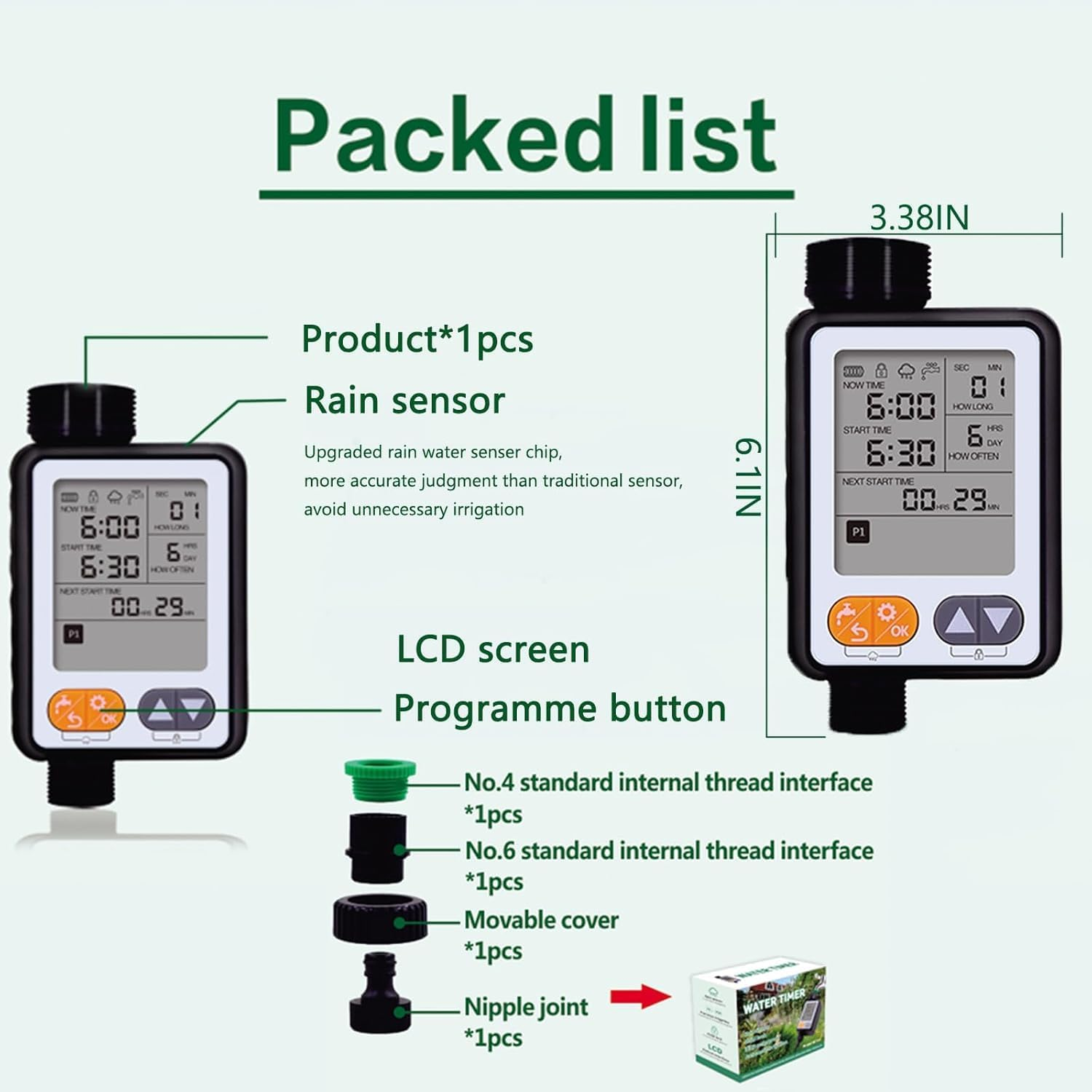 Digital Water Timer, Sprinkler Timer Programmable, Garden Hose Timers for Watering Large LCD Display, Manual Irrigation Mode, IP65 Waterproof Lawn Patio Farm (HUA102) image number 6