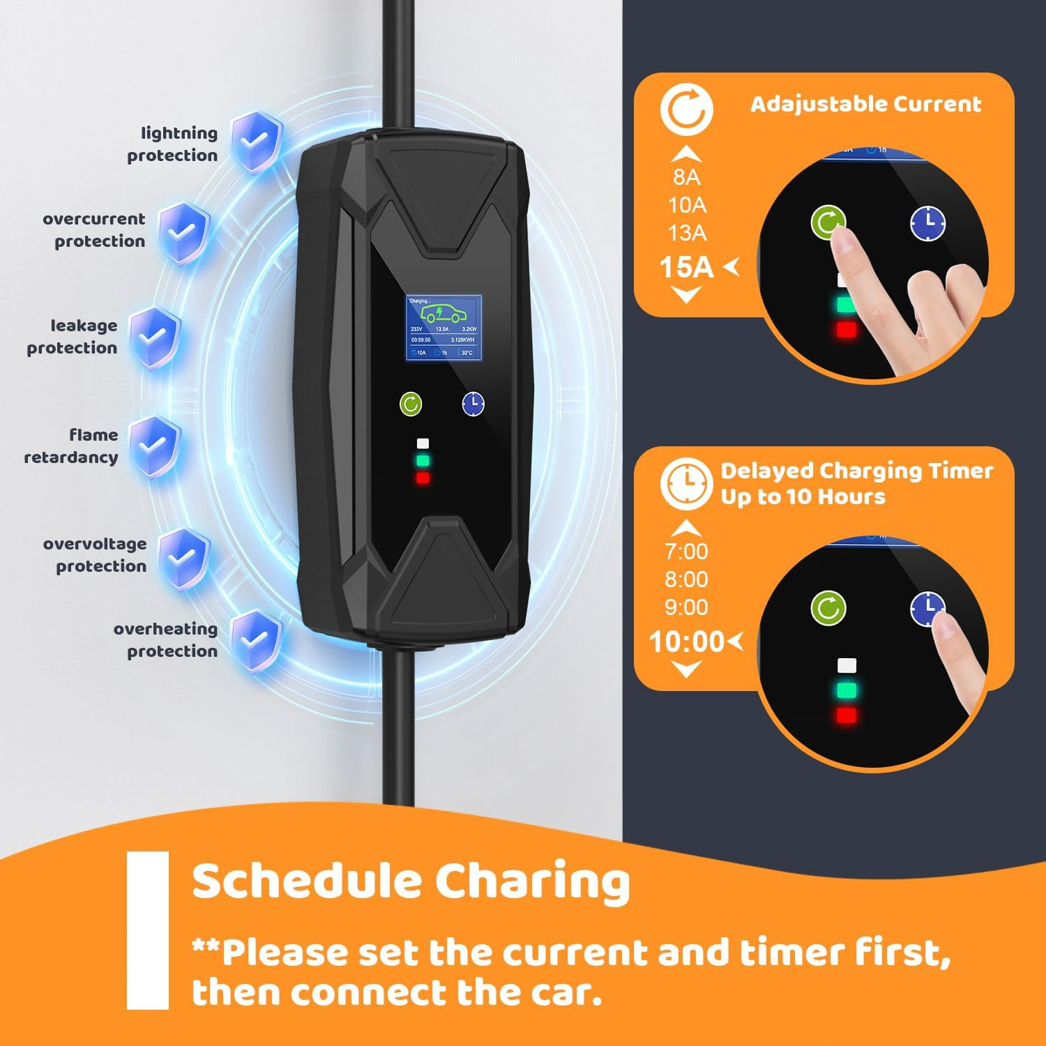 Type 2 (Mennekes) EV Charger with 15A Plug, 240V Adjustable 8/10/13/15A Portable Electric Vehicle/Phev Charger with 5M Cable | Tesla Model 3/Y, BYD, MG, Cupra, Polestar,Kia image number 5