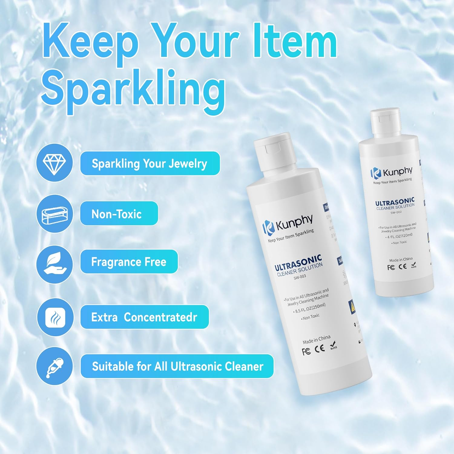 KUNPHY Jewelry Cleaner, Sonic Cleaner Solution - Jewelry Cleaner for Gold, Silver, Platinum Diamonds and Non-Porous Precious & Semi-Precious Jewelry 4 Oz(120Ml) image number 1