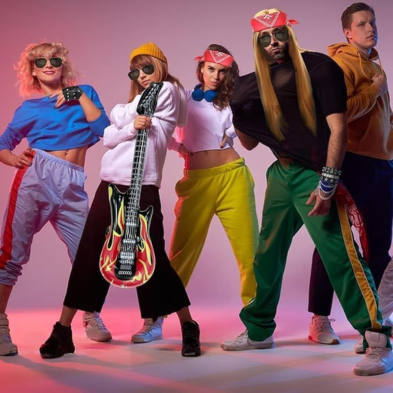 1980S Rockstar Hippie Costume Accessories - 60S 70S 80S Metal Rock Band Punk Costume Set with Wig, Bandana, Sunglasses,Tattoo Sleeves, Gloves, Wrist Chains, Guitar, Men Women Woodstock Outfits image number 2