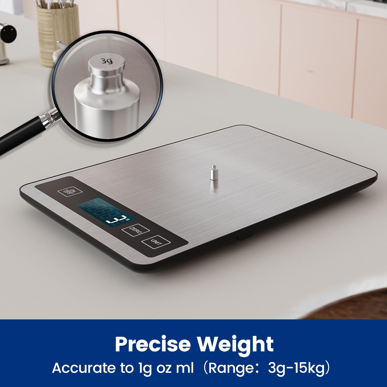 【15Kg/33Lb & USB Rechargeable】 Digital Kitchen Food Scale Kitchen Scale, Stainless Steel Digital Weight Grams and Oz, Baking and Cooking, 1G/0.1Oz Precise, 6 Weight Units (A) - E image number 7