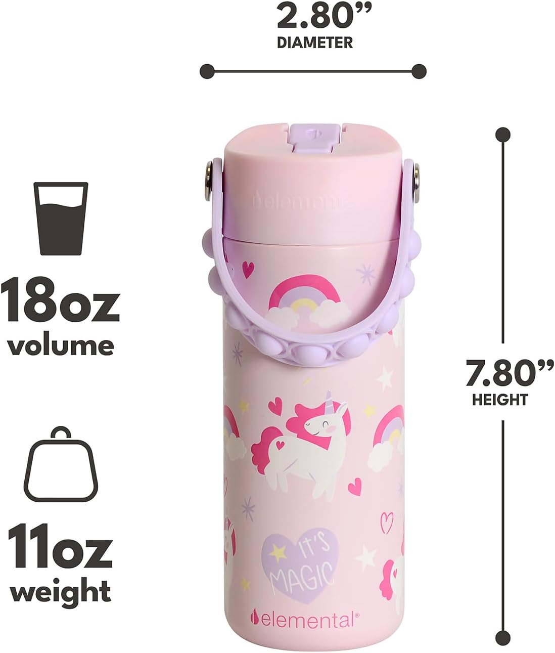 Elemental Insulated Kids Water Bottle, Stainless Steel Bottle with Straw Lid & Stress Reliever Pop-It Handle, Leak-Proof Bottle for School, Travel & Sports, 530Ml Unicorn Magic - Orange Tie Dye image number 7