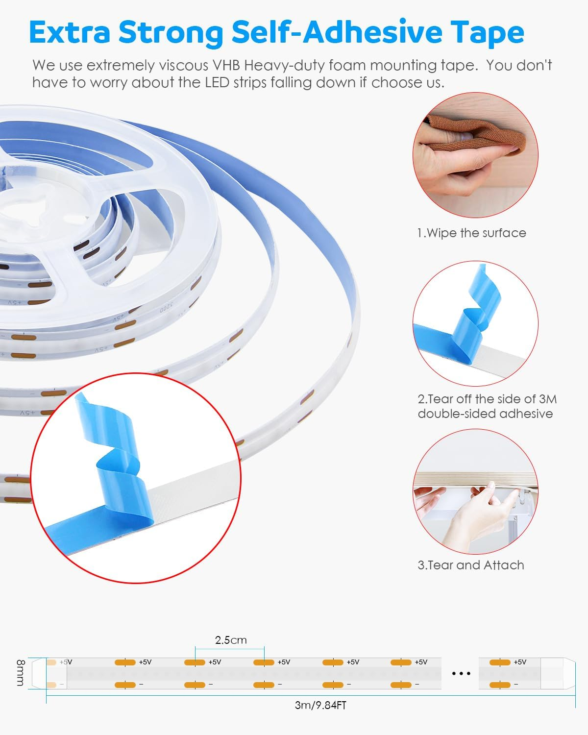 Aclorol 3M 5V USB COB LED Strip Light Ice Blue Dimmable Flexible Light Strip 960 Leds 8Mm Width LED TV Backlight with 1.5M USB Cable for Indoor Christmas Holiday Party DIY Lighting Decoration