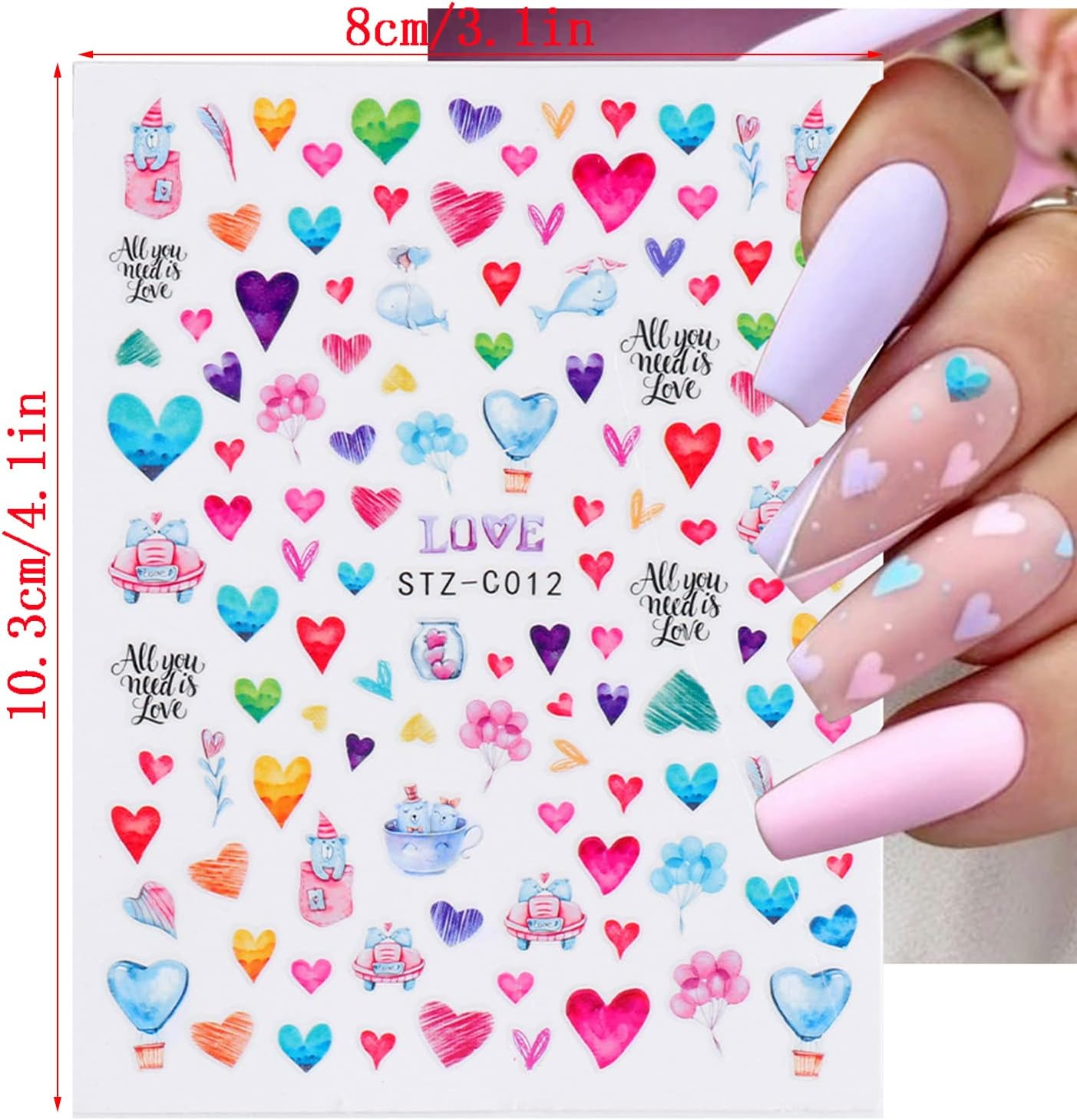 Love Heart Nail Art Stickers, Colorful Hearts Nail Decals 3D Self-Adhesive Nail Sticker Design Holographic Valentine'S Day Love Nail Art Supplies for Women Girls Manicure Charms Decoration(9 Sheets) image number 4