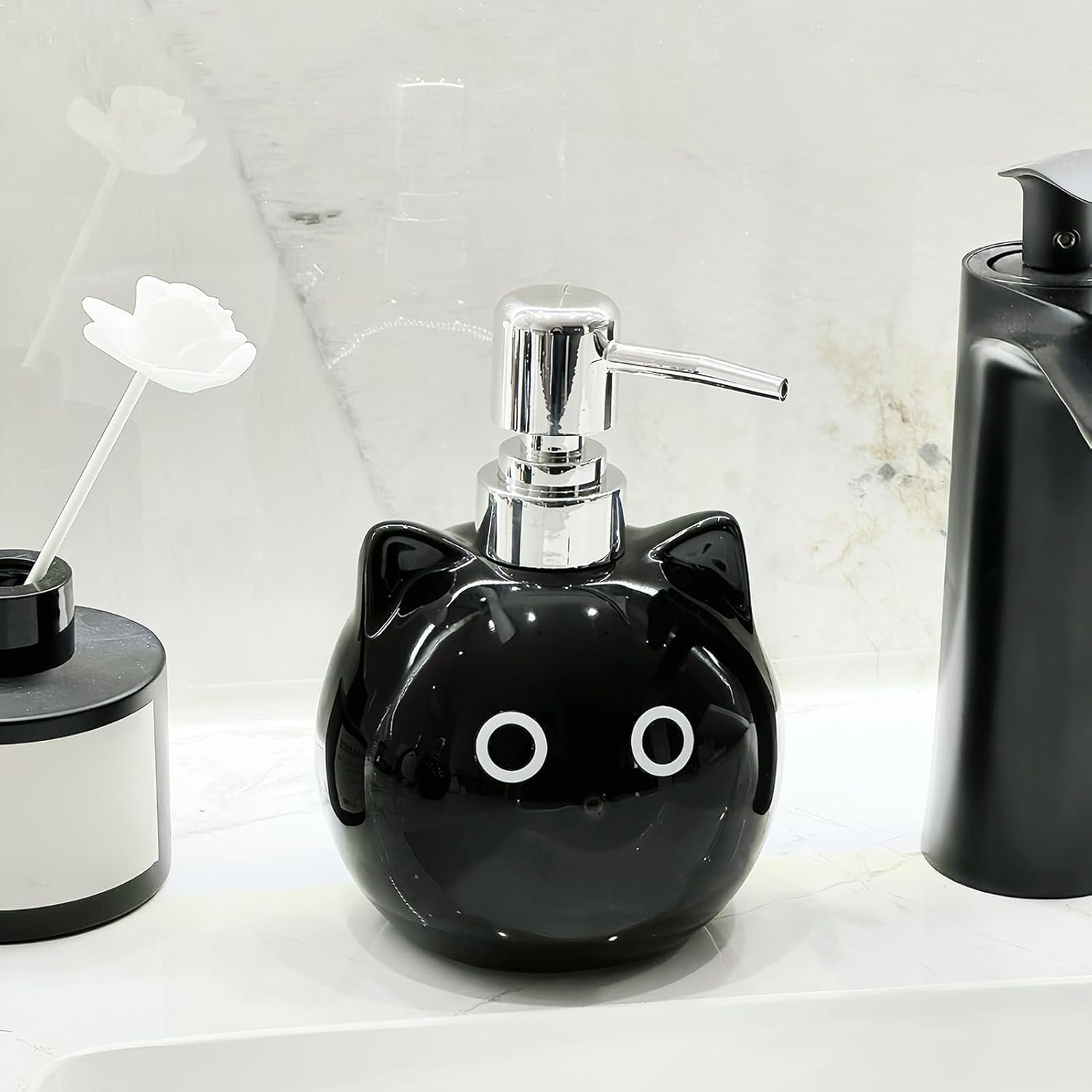 Furtryvl Hand Soap Refill Bottles,480Ml Lightweight Pump | Black Cat Ceramic Empty Soap Lotion Pump Bottle Dispenser | for Shampoo Body Toner Face Creams Body Lotion Travel Home Office Daily image number 6