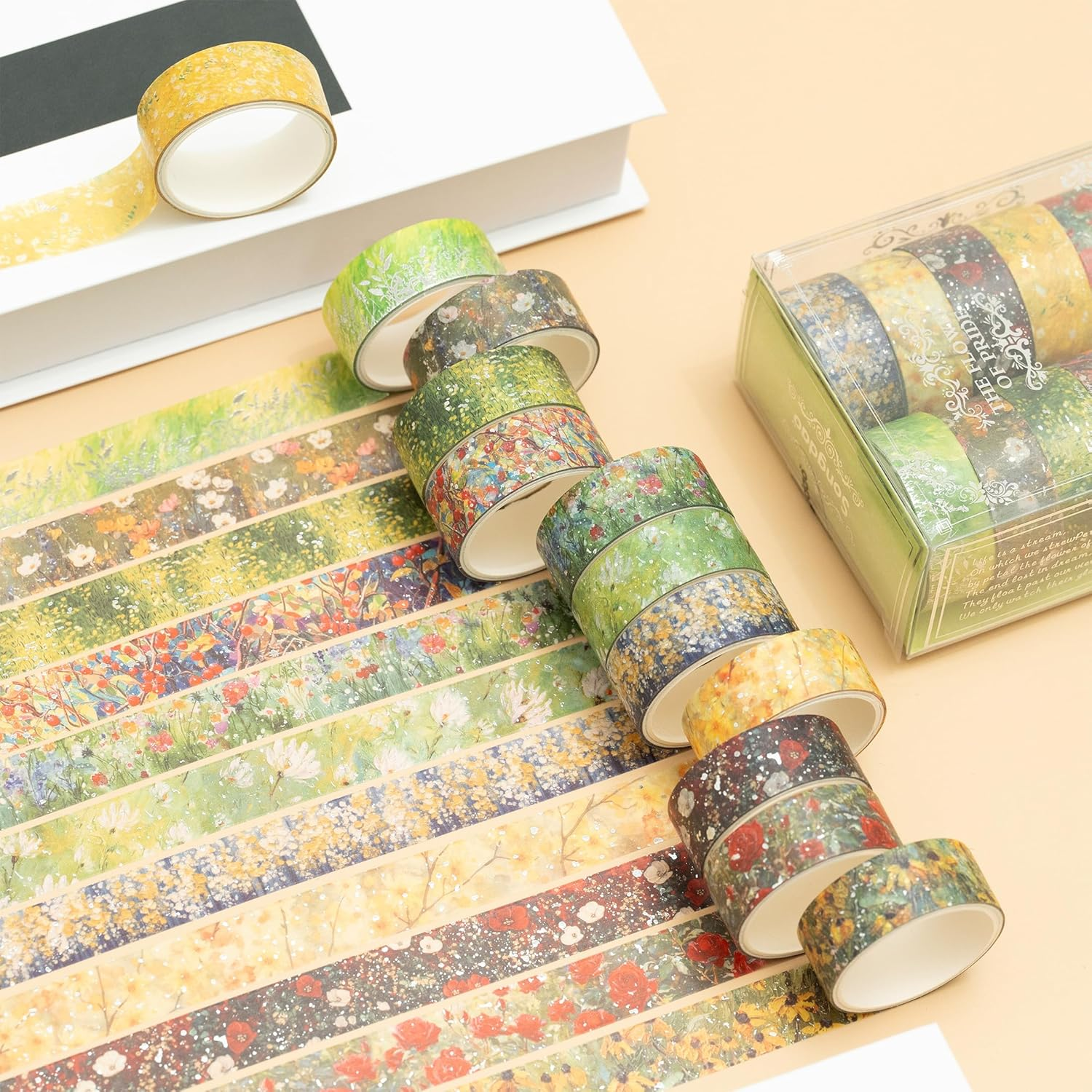 Songdao 12 Rolls Flowers Washi Tape Set Floral Arts Adhesive Tapes Splast Silver Decorative Masking Tape Sets for Craft, Kids, Scrapbook, DIY, Gift Wrapping (Verdant Glow) image number 4