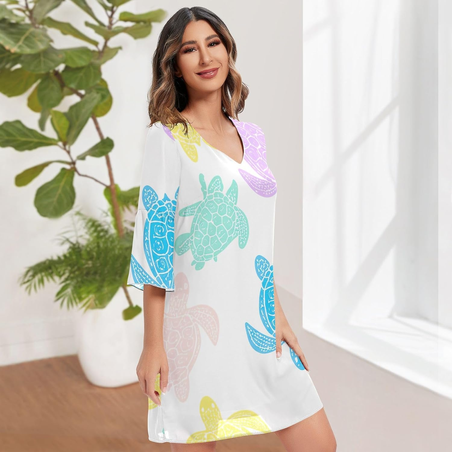 Pastel Sea Turtles White Elegant V Neck Dress Printed Maternity Dress Party S-XXL image number 2