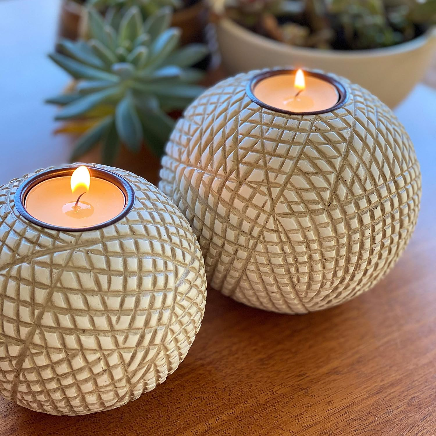 Huey House Luca Orb Candle Holders (Gift Boxed Set of 2), Table Centerpieces for Dining or Living Room, Spa, Bathroom, Kitchen Counter, Mantle or Coffee Table Decor (Grid Pattern) Beige and White image number 3