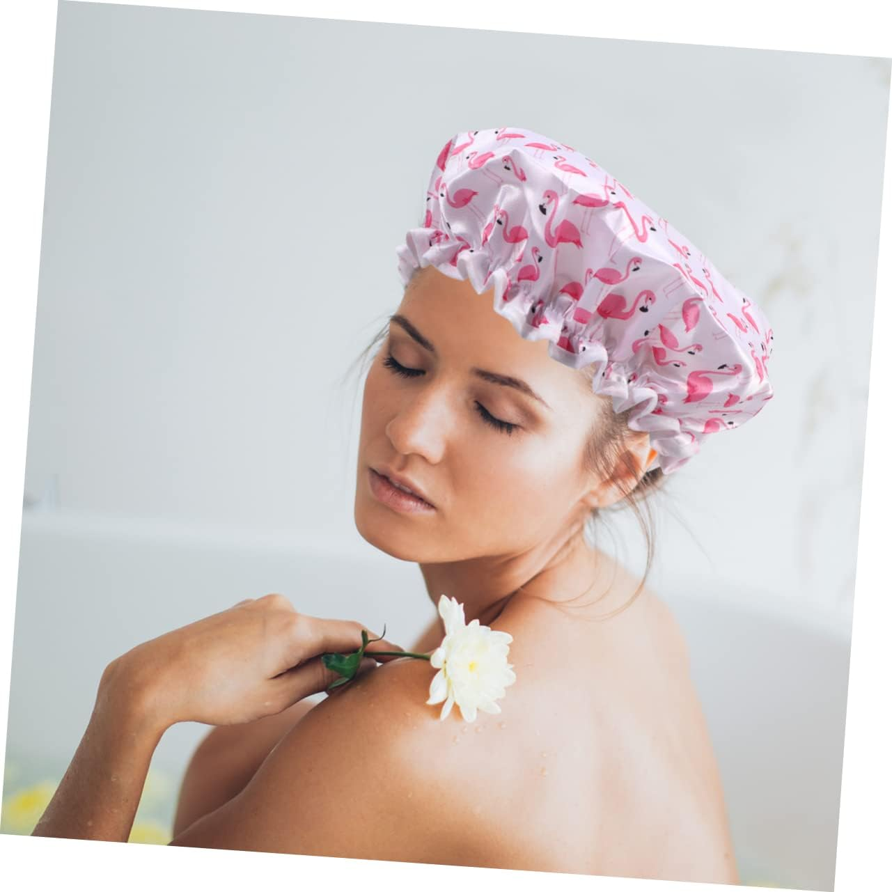 HONITANO Waterproof Shower Caps for Women 2Pcs Double Layer Peva Satin Bathing Hair Protective Hats Red Flamingo Print Adult Bath Caps for Daily Bathroom Use