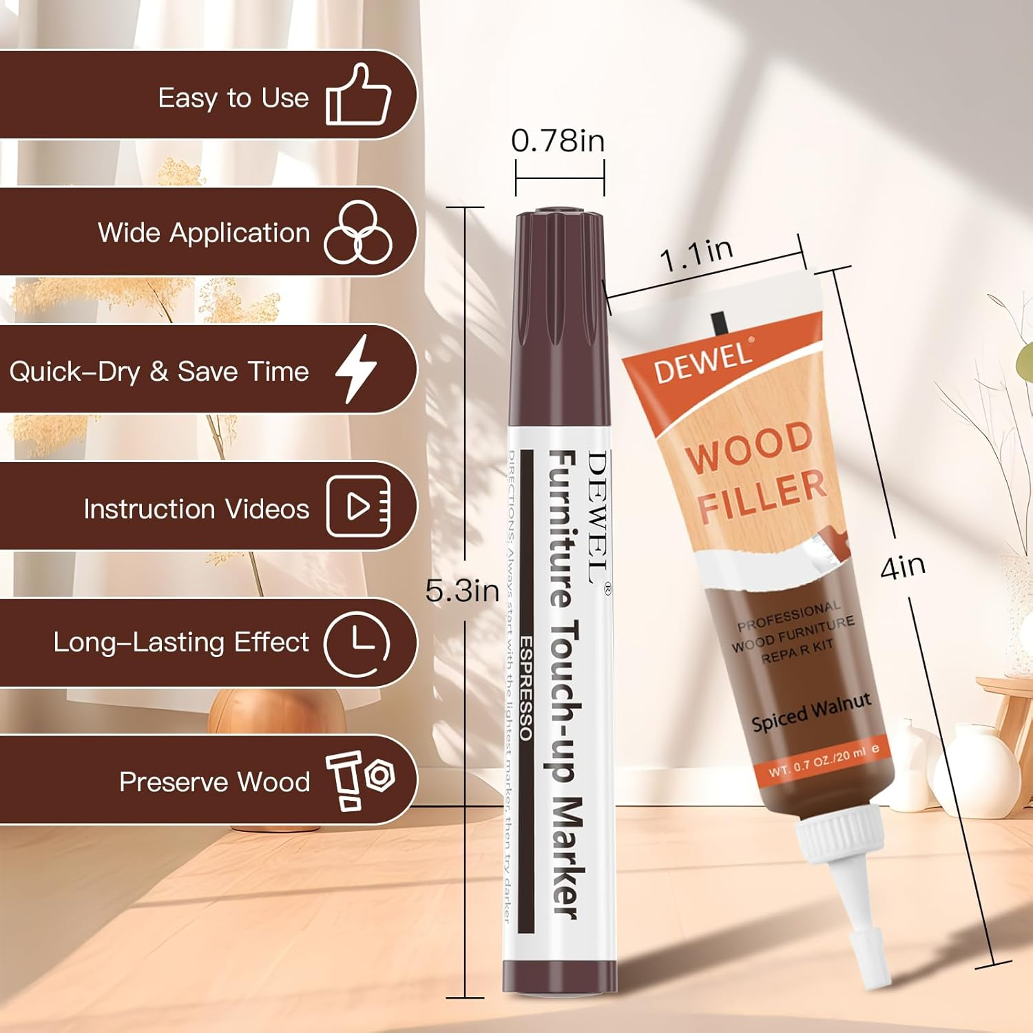 DEWEL Wood Furniture Repair Kit, Walnut Colors Series Furniture Touch up Markers and Wood Fillers, Wood Putty with Wood Polish Wax for Restoring Any Wood, Scratches, Cracks, Wood Floor image number 4