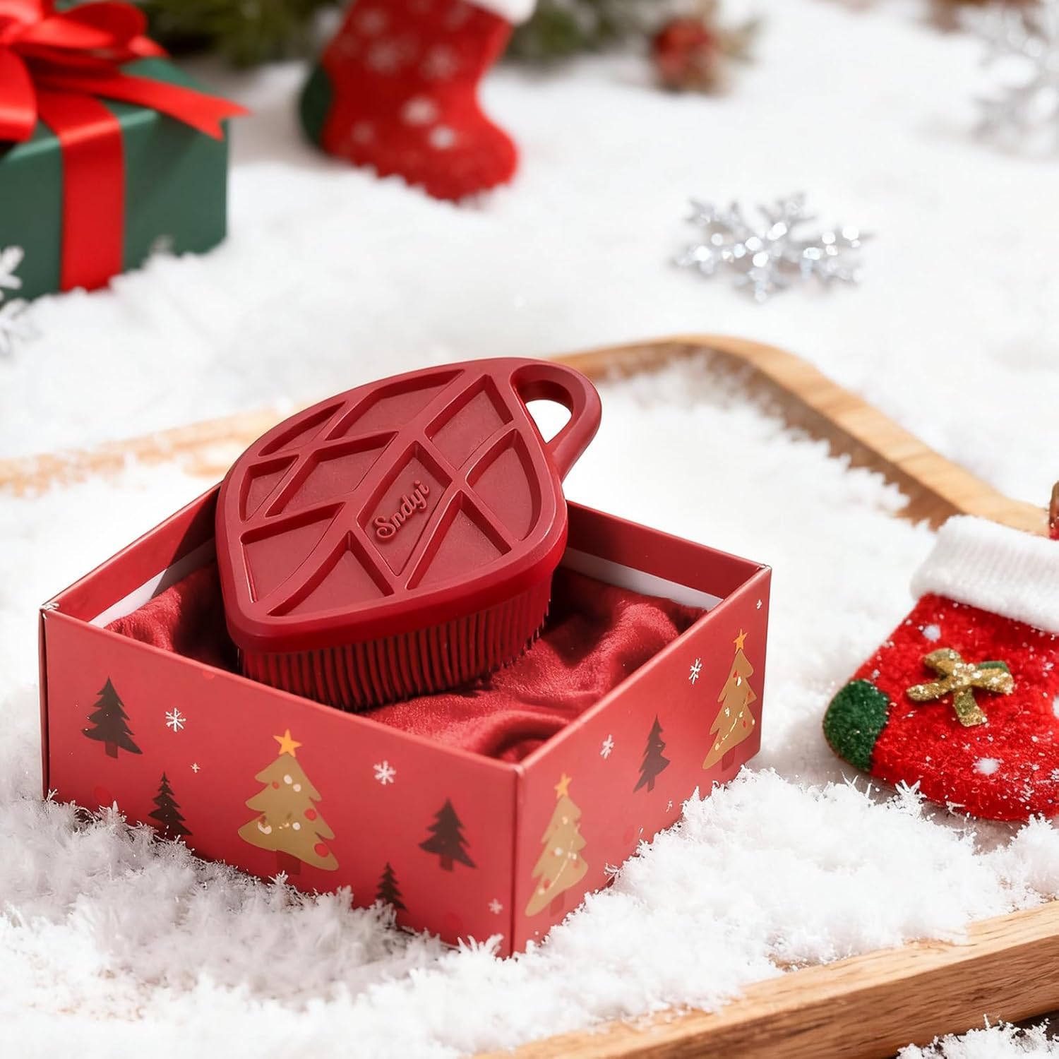 Sndyi Silicone Body Scrubber, Gentle Exfoliating Body Scrubber for Sensitive Skin, Leaf Shaped Shower Scrubber for Body with Lathering Bristles, Silicone Loofah Body Brush for Showering, Christmas Red image number 3