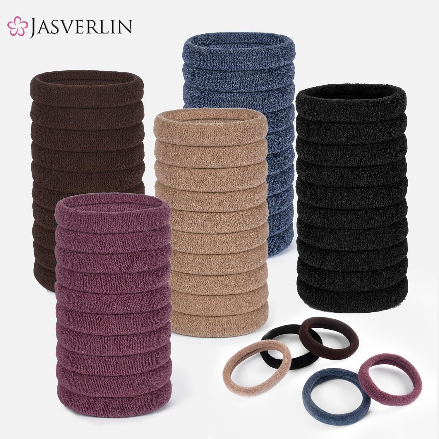 JASVERLIN 100 Pcs Dark Brown No Damage Hair Ties Cotton Ponytails Holders Seamless Soft Thick Hair Bands, Accessories for Women Girl 1 1/2 Inch (Dark Neutral)