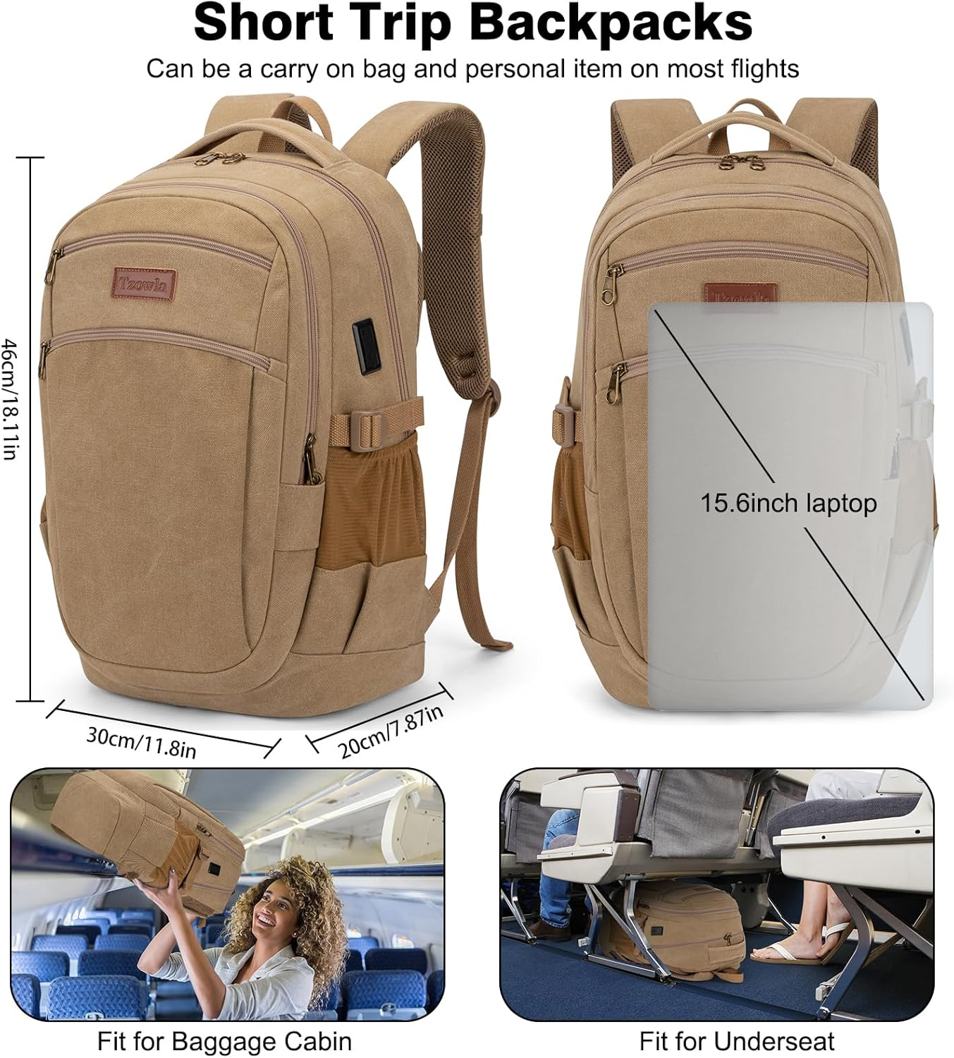 Tzowla Vintage Canvas Laptop Backpack for Men and Women,College Travel Work Rucksack Fit 15.6 Inch Laoptop - Khaki image number 2