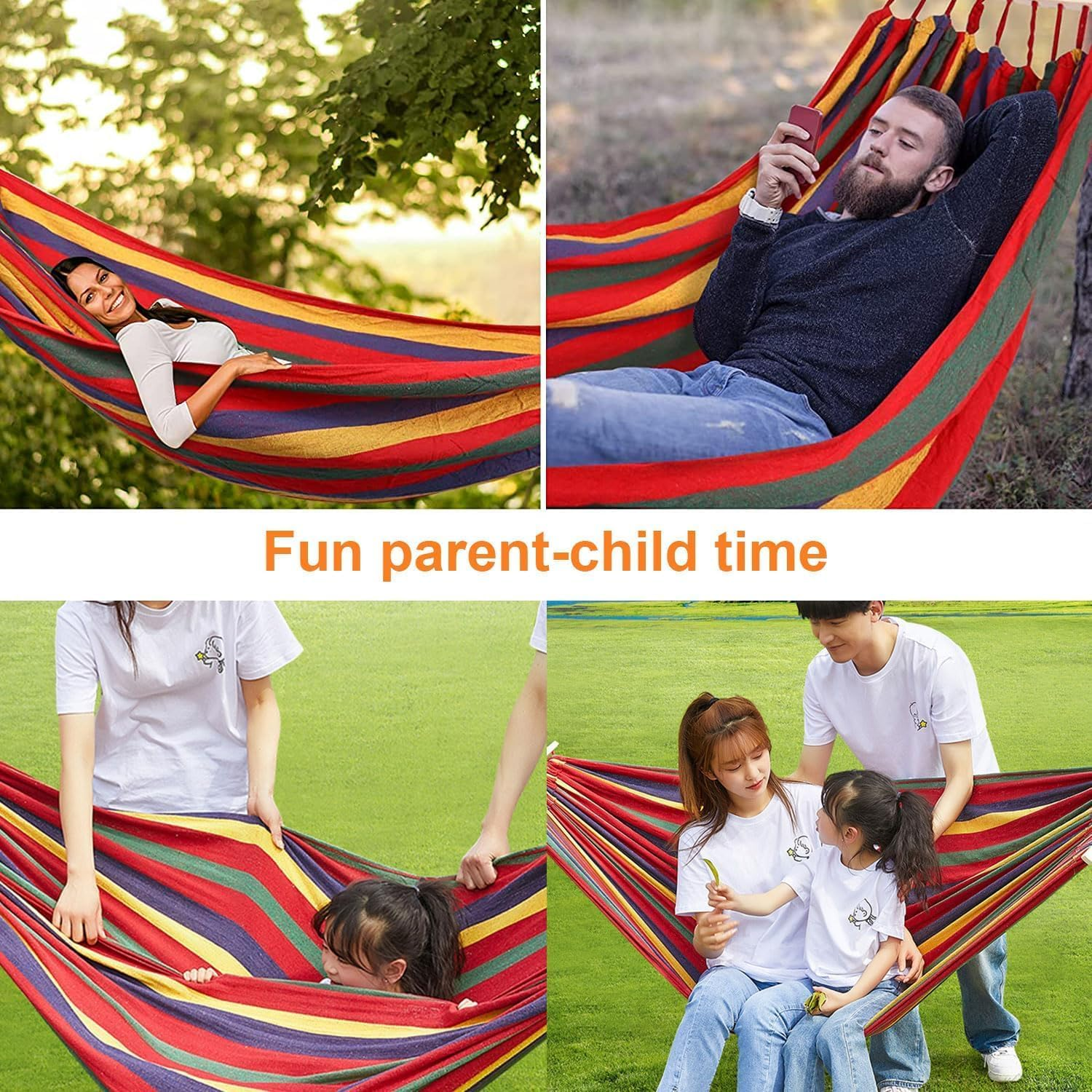 260 * 150Cm Double Hammock, Colorful anti Roll Hammock with 2 Curved Stick, Made of Soft Canvas without Stand, Replacement for Backyard, Porch, Outdoor and Indoor image number 2