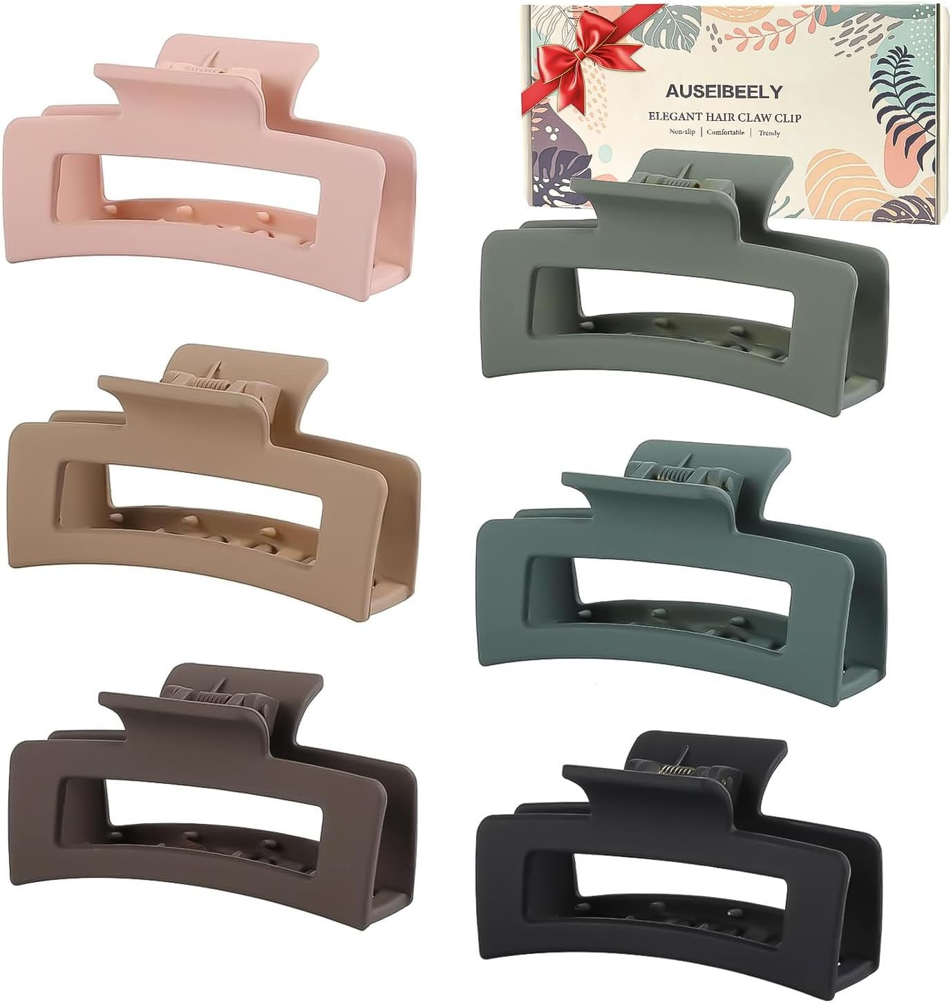 Auseibeely 6 Pack Square Claw for Women Girls, 3.5" Medium Non-Slip Rectangular Matte Clips Strong Hold Jumbo Hair Styling Accessories, Ideal for Gifts, Cool