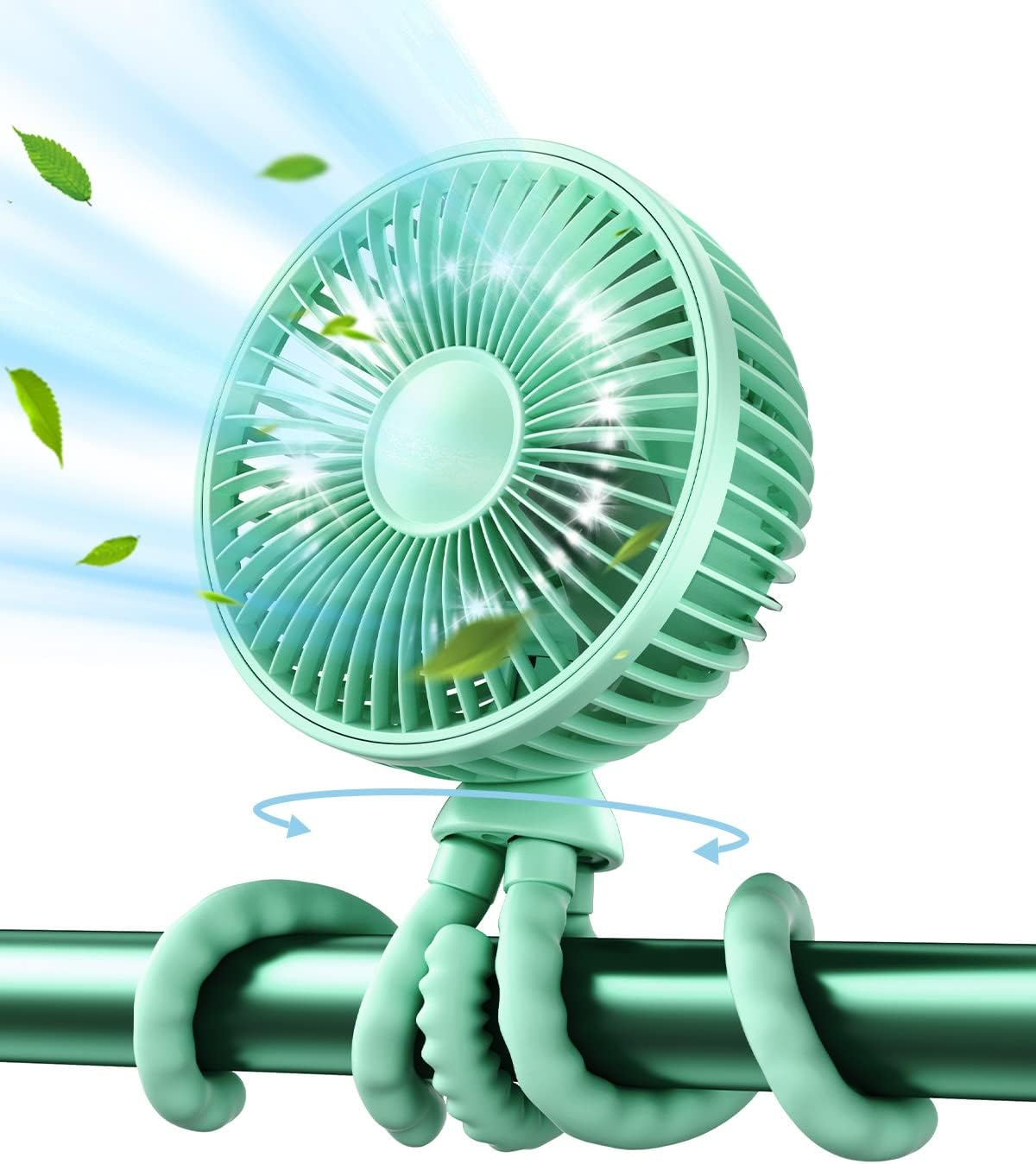 Gaiatop Baby Stroller Fan, 4000Mah Oscillating Mini Portable Fan with Light, 4 Speeds Battery Operated Small Handheld Desk Fan, 360&deg; Rotate Flexible Tripod Clip on Fan for Car Seat Crib Travel Black